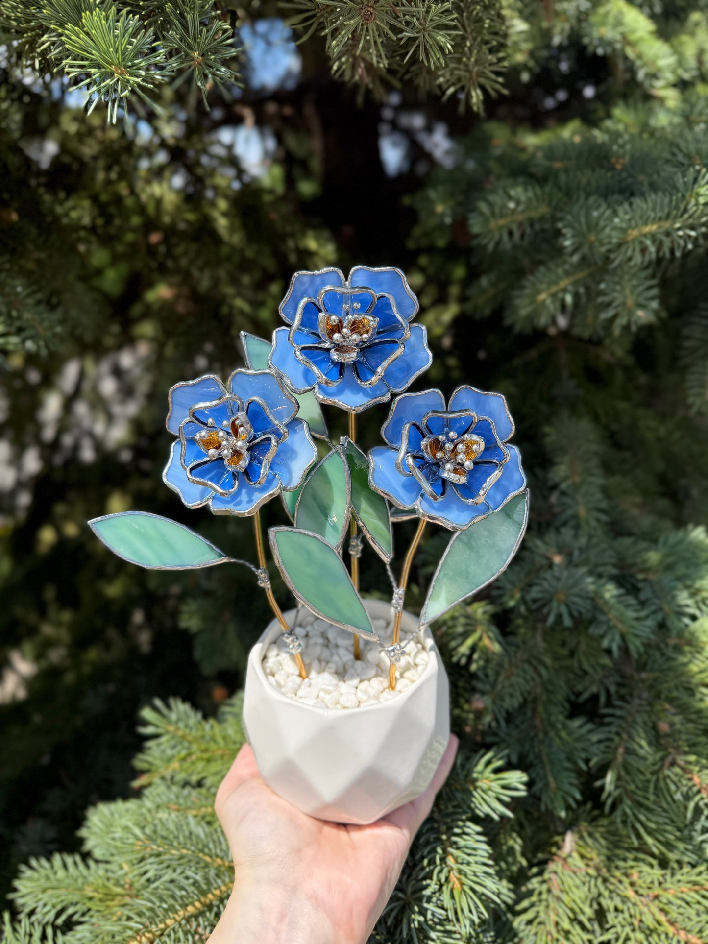" . Blue Peonies 3 flowers in the pot", Stained glass tropical flower 3D, Sun catcher, Table plant decor, wedding Christmas gift