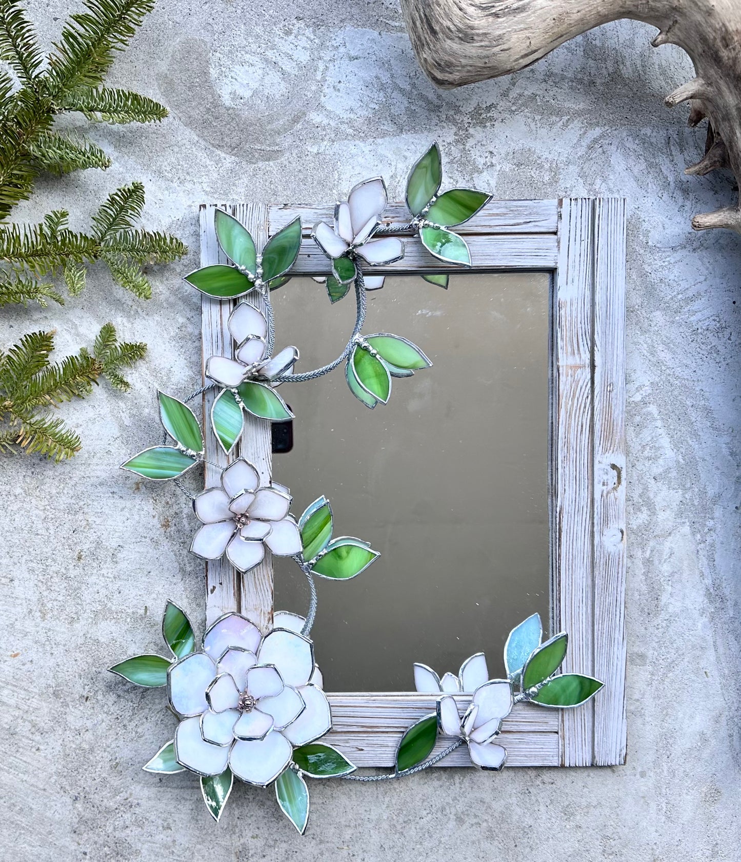" . Magnolia White Pearl Stained glass flower Mirror Wedding Wall Decor Christmas gift Everlasting, Suncatcher, succulent,