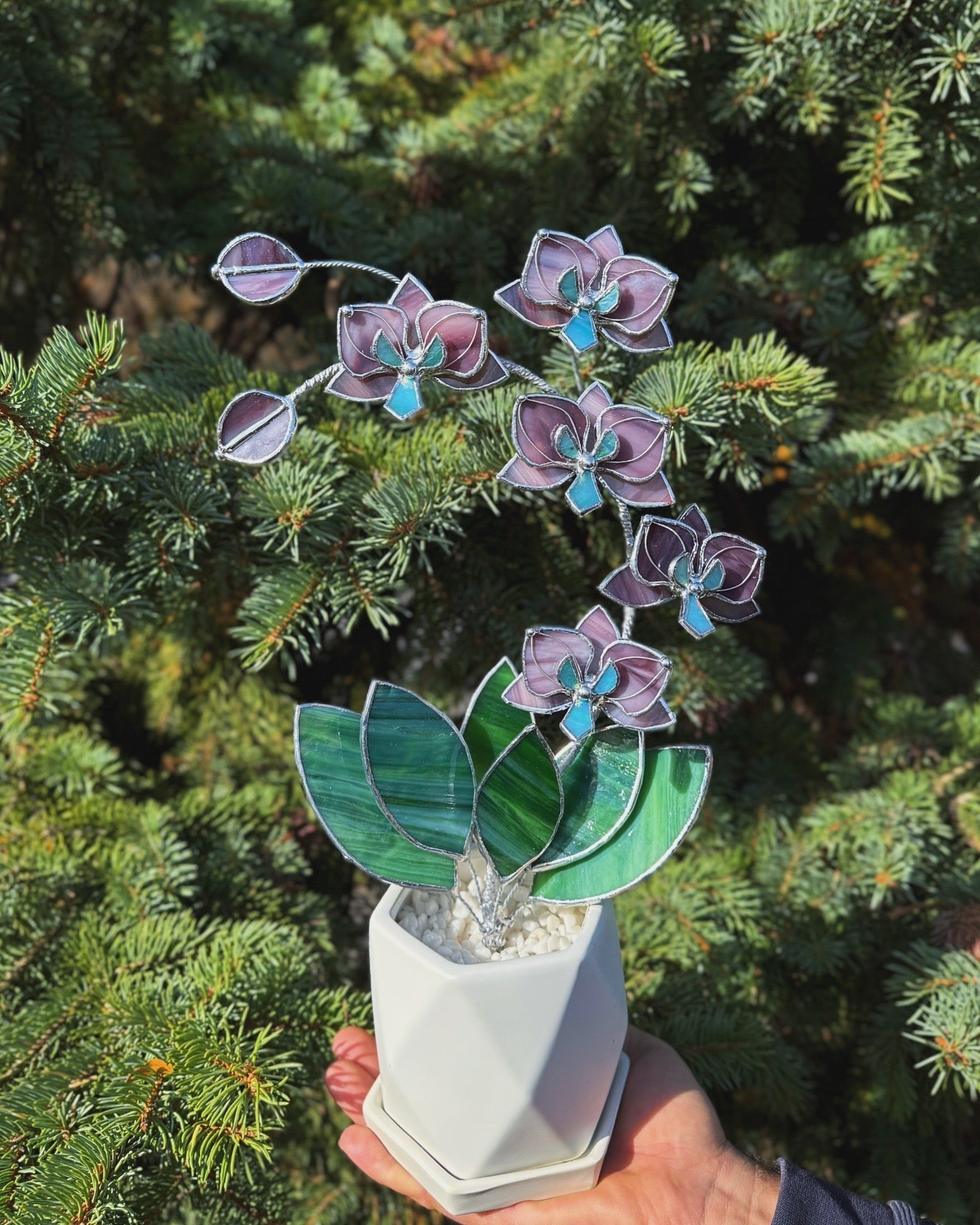 " . Dusty Rose translucent Orchid 5 flowers with pot" Stained glass tropical flower 3D, Sun catcher, Table plant, Garden stick, wedding decor, Christmas gift