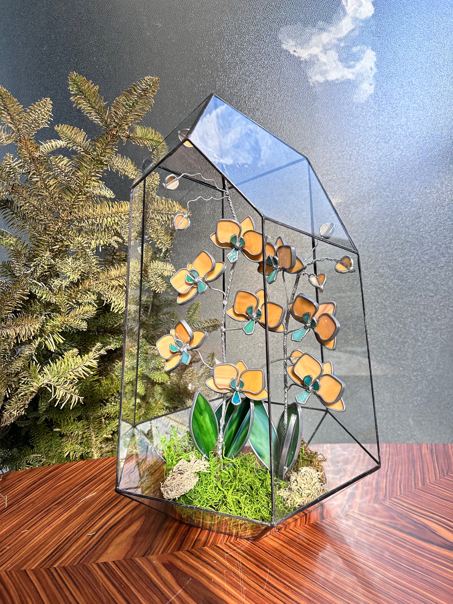 " .Geometric glass 3D terrarium Asymmetrical with stained glass orchids. Wedding glass decor, Mother’s Day gift, glass art, suncatcher, succulents, cacti