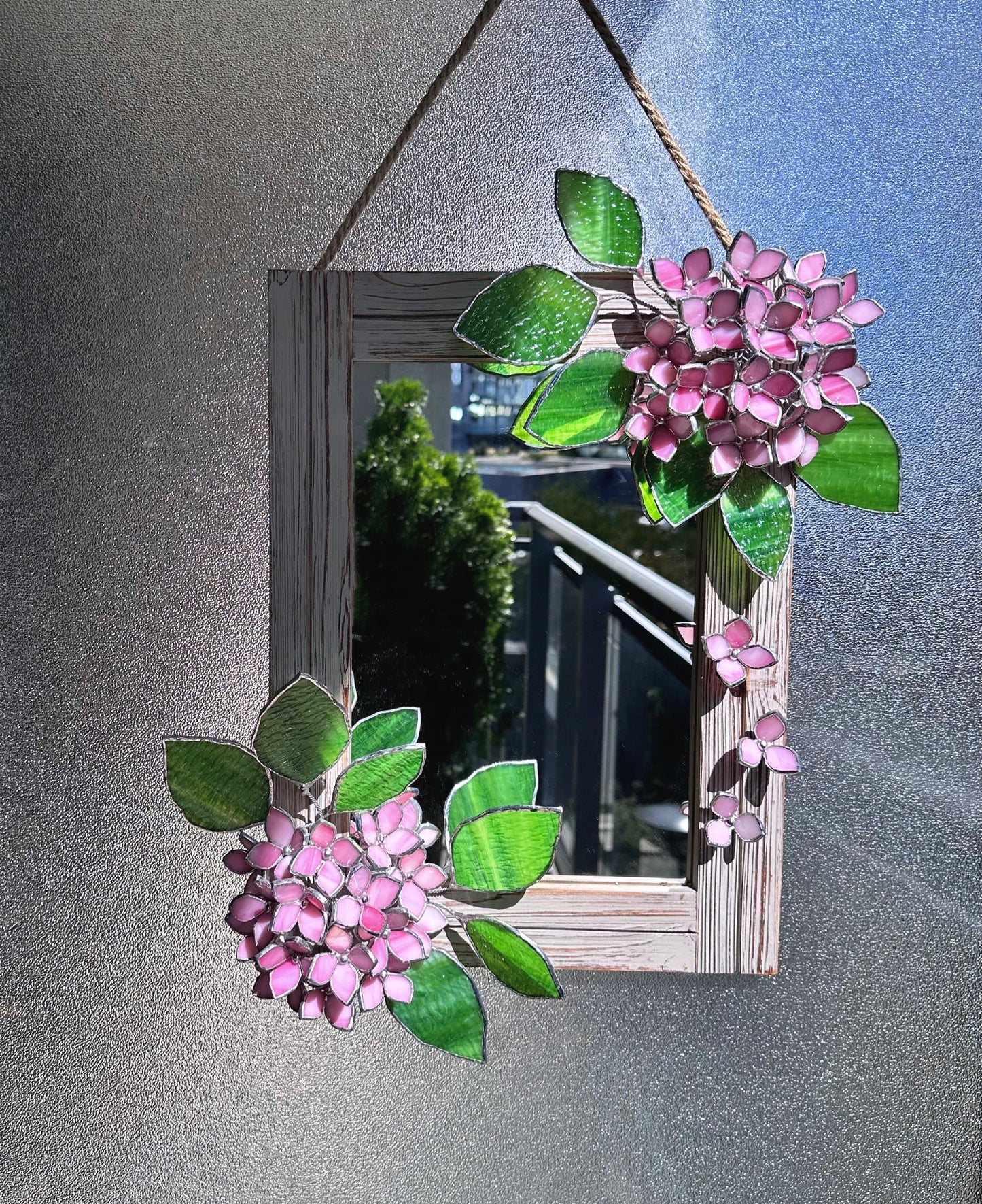 " . Pink Hydrangea Flower Mirror , Stained glass Wedding Wall Decor, Christmas gift, Suncatcher, available