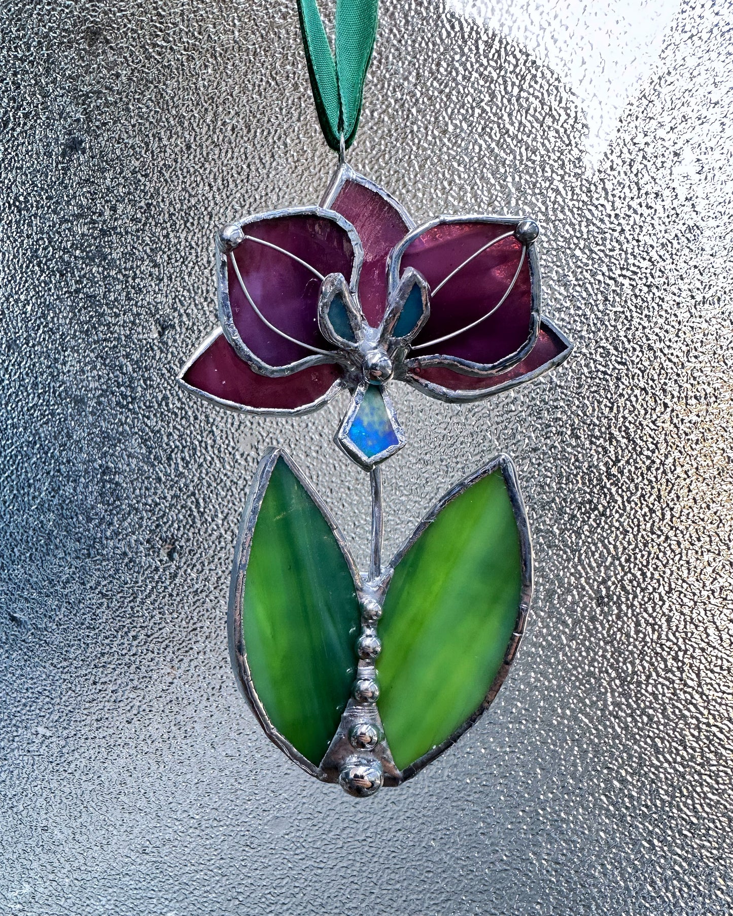 Christmas tree ornaments Orchid with leafs. Mix of 3, 5. Wall window decor, Stained glass Holiday decorations lights