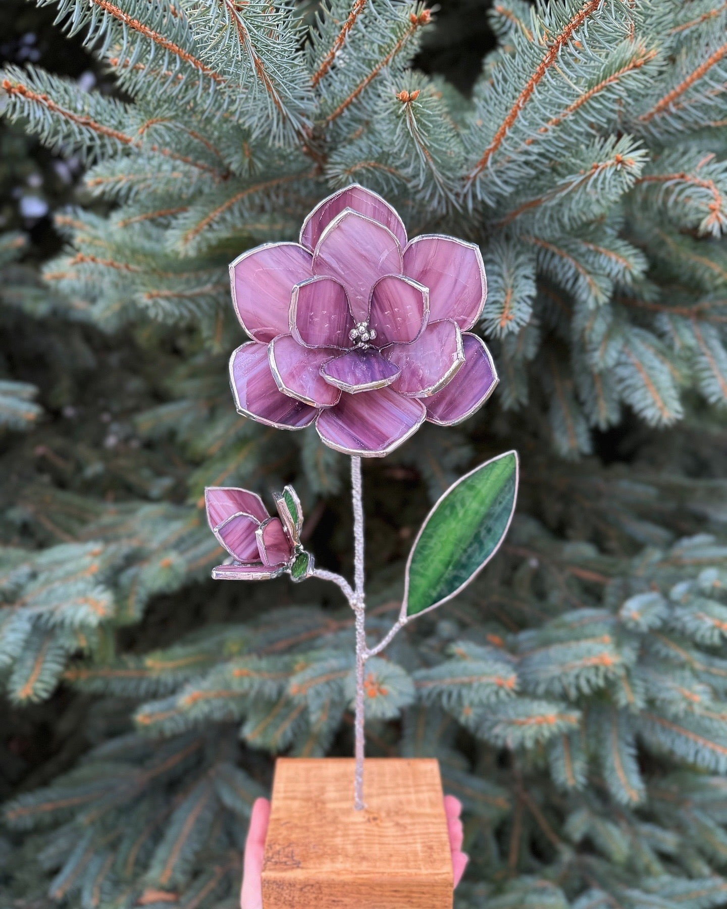 ". Magnolia Pink-Purple flower with a bud" Stained glass tropical 3D, Sun catcher, Table plant decor, Garden stake, wedding decor, Christmas gift, pot
