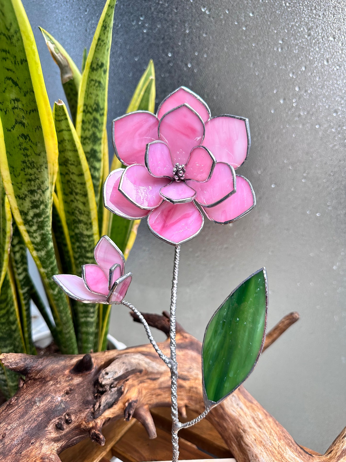 " . Pink Magnolia with a bud" Stained glass tropical flower Suncatcher Iridescent 3D, Table plant cactus decor, Home Garden stake, Mother’s Day gift, Outdoor and gardening, pot