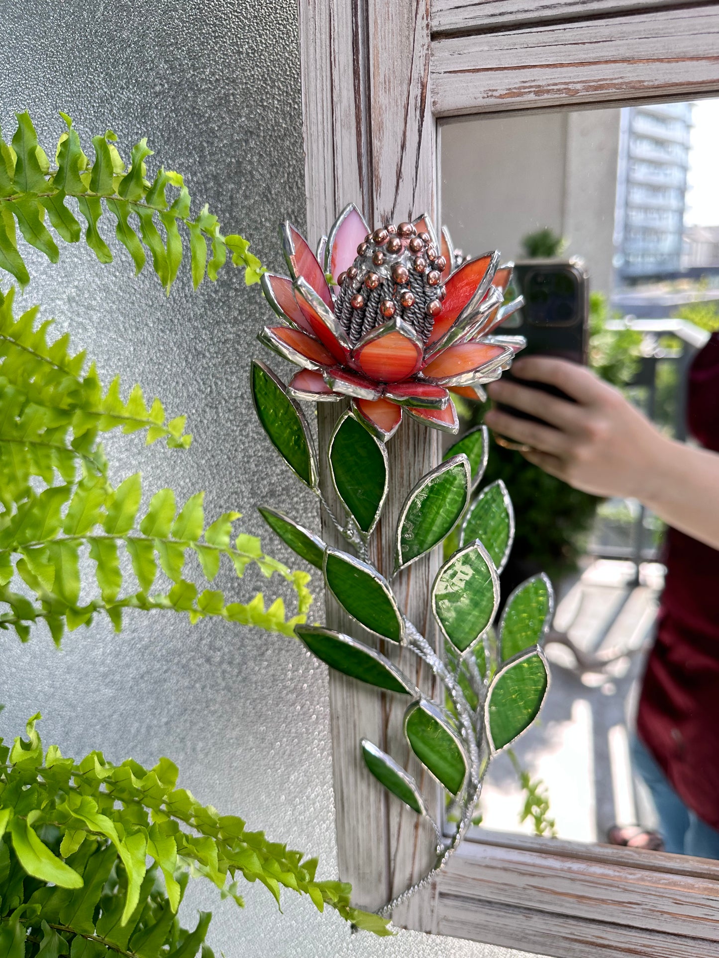 " . Red iridescent Protea Flower Mirror, Stained glass Wedding Wall Decor, Christmas gift, Suncatcher, available sale