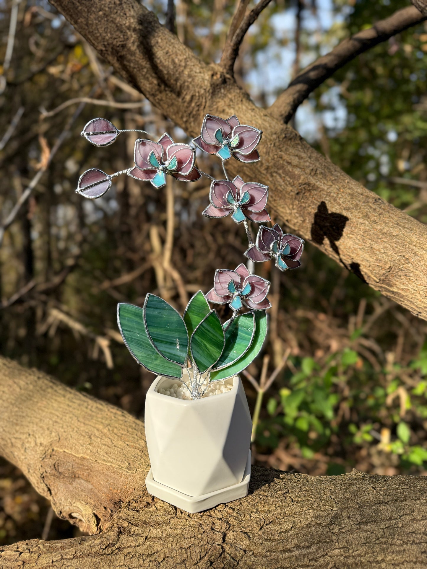 " . Dusty Rose translucent Orchid 5 flowers with pot" Stained glass tropical flower 3D, Sun catcher, Table plant, Garden stick, wedding decor, Christmas gift