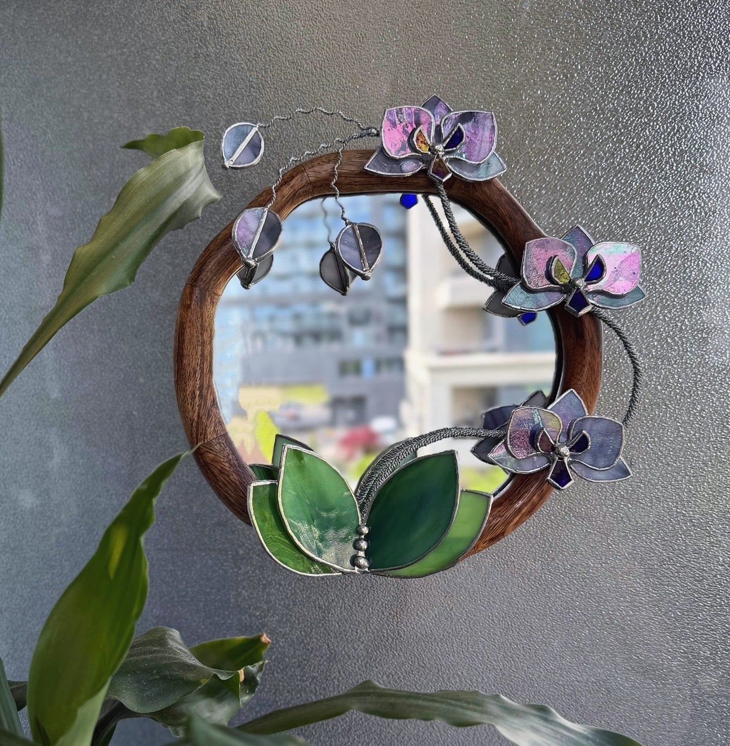 " . Amethyst & Lilac luminescent Orchid Mirror”, Stained glass flower Wall decor, Suncatcher, Home wedding Decor, Christmas gift available new