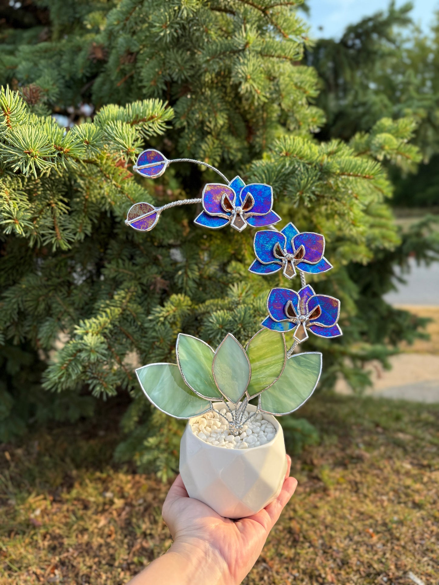 " . Indigo iridescent Orchid 3 flowers with pot ” Stained glass tropical flower 3D, Sun catcher, Table plant, Garden stick, Outdoor and gardening decor