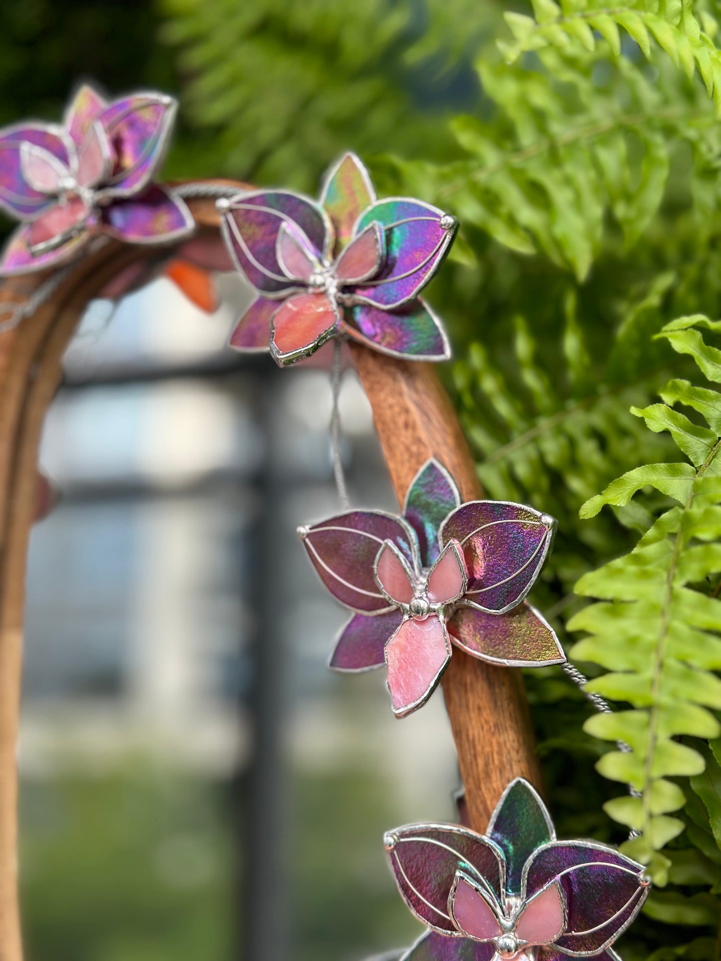 " .Butterfly Mauve iridescent Orchid Mirror”, Stained glass flower Wall decor, Suncatcher, Home wedding Decor, Christmas gift