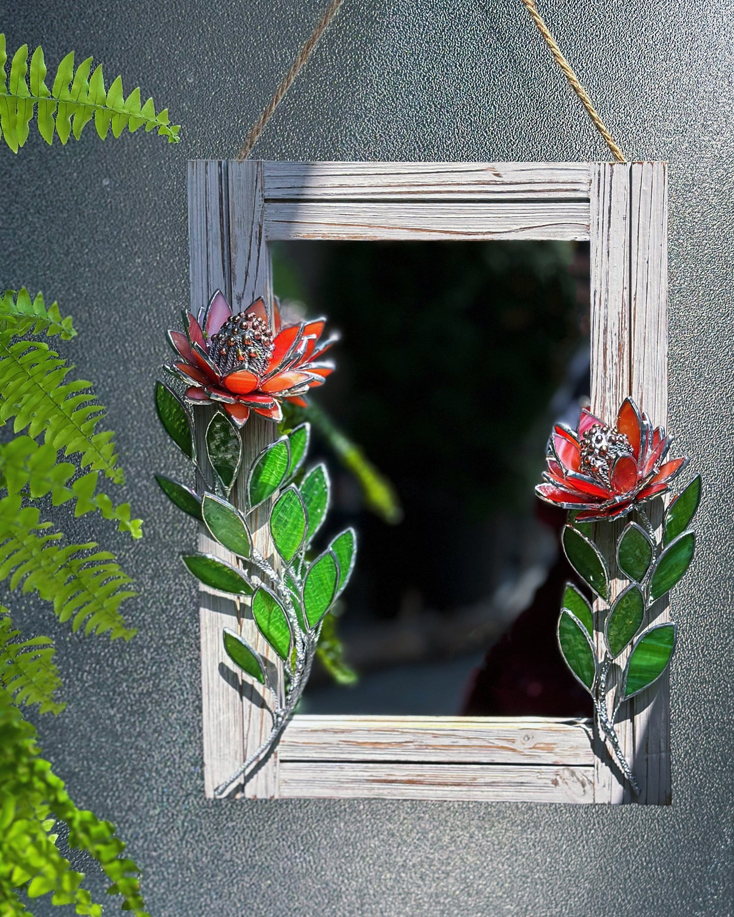 " . Red iridescent Protea Flower Mirror, Stained glass Wedding Wall Decor, Christmas gift, Suncatcher, available sale