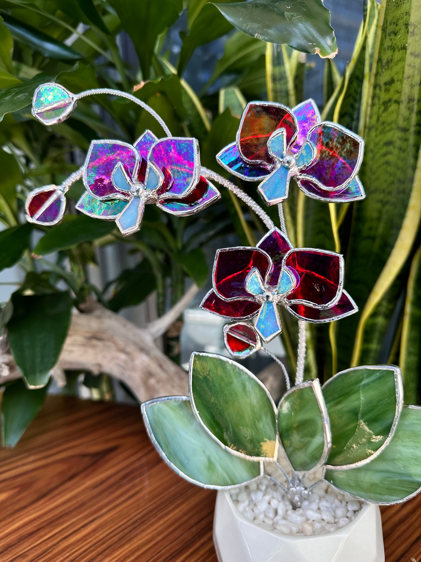 " . Red transparent iridescent Orchid 3 flowers with pot” Stained glass tropical flower 3D, Sun catcher, Table plant, Garden stick, Outdoor and gardening decor,