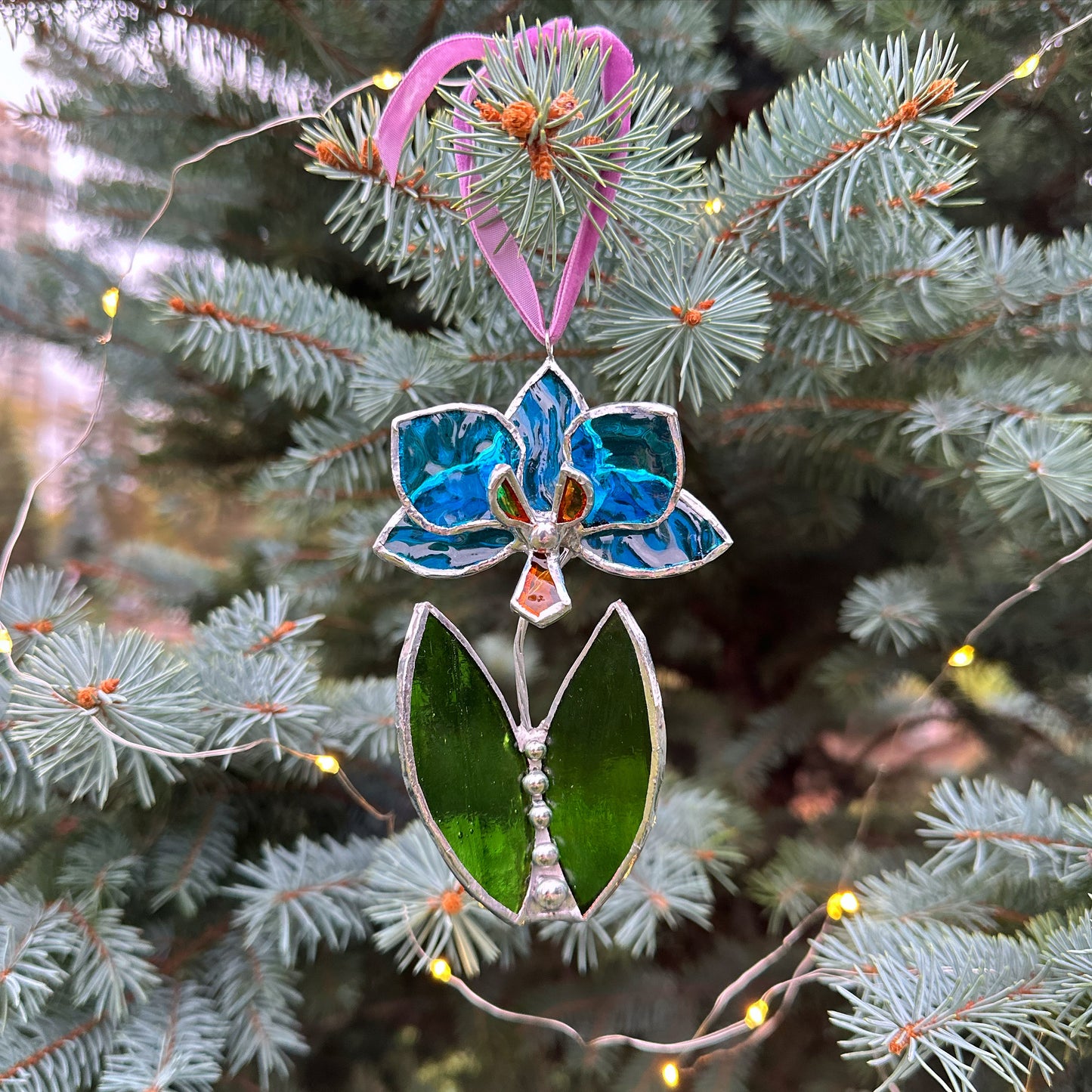 Christmas tree ornaments Orchid with leafs. Mix of 3, 5. Wall window decor, Stained glass Holiday decorations lights