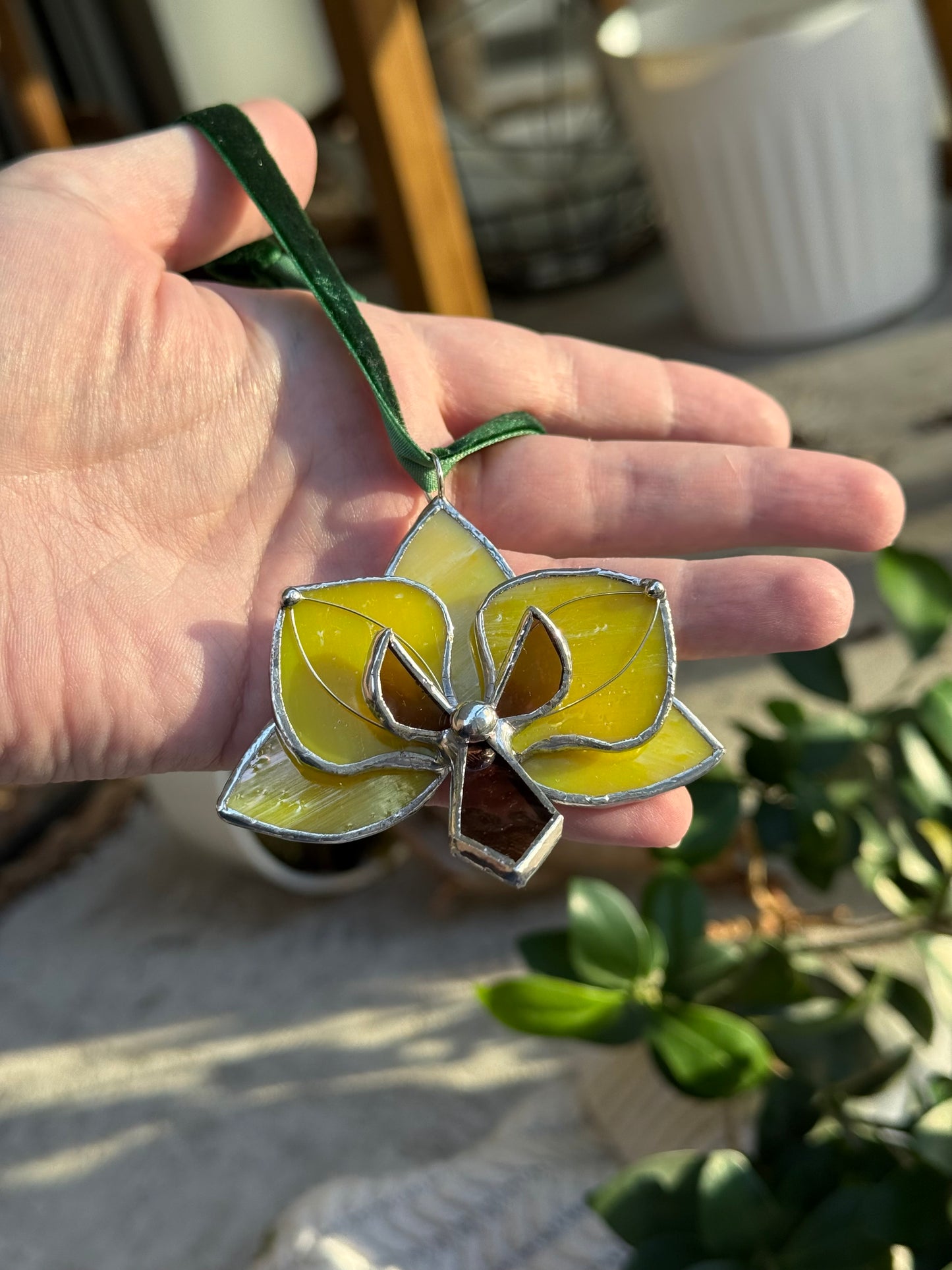 " . Orchid flower Lemon yellow irid, Stained glass Decorative ORNAMENT, Christmas decoration, Suncatcher