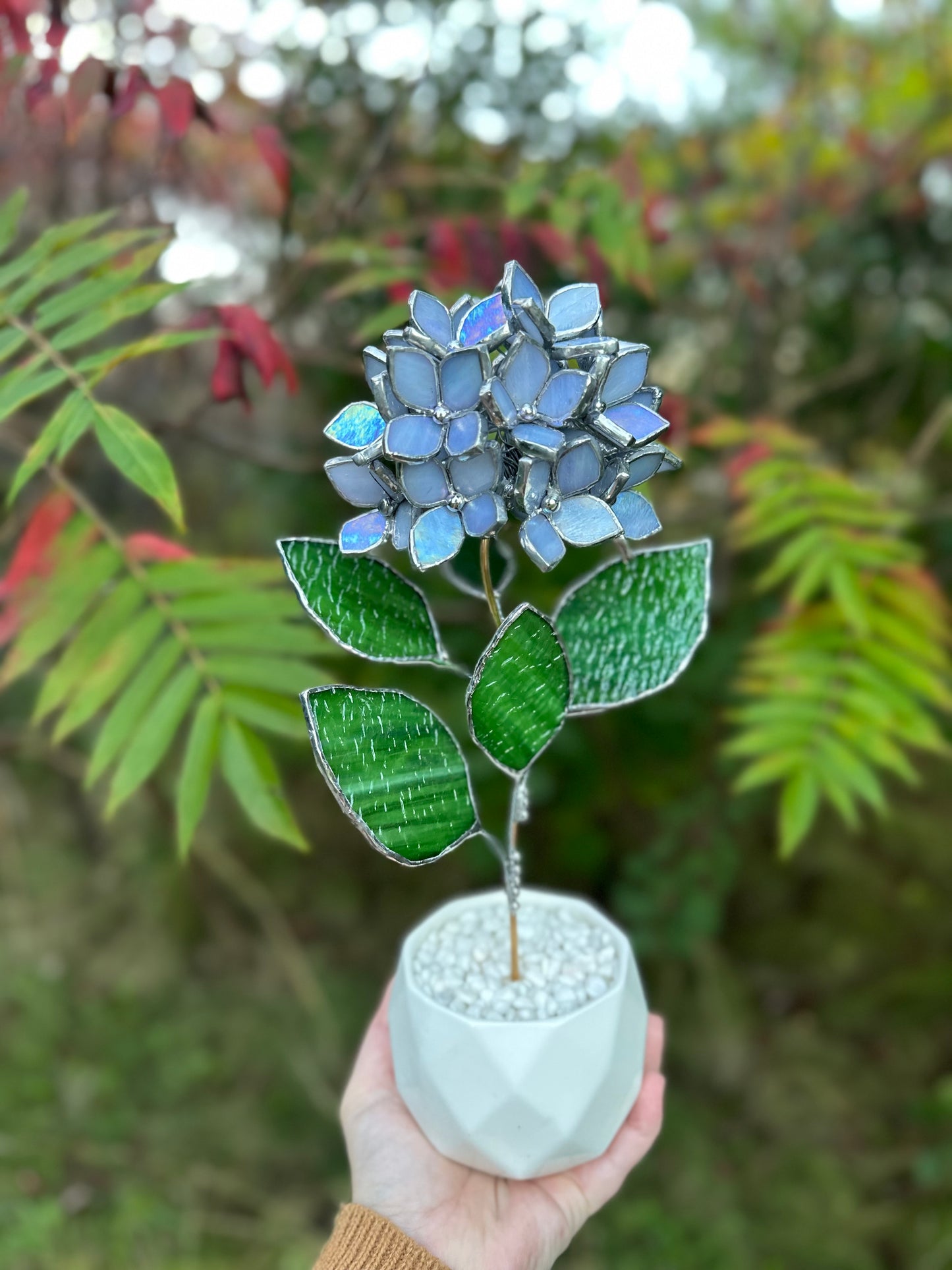 " . CHOOSE COLOR Hydrangea with pot”, Stained glass tropical flower 3D, Sun catcher, Table plant, Garden stick, Outdoor and gardening decor