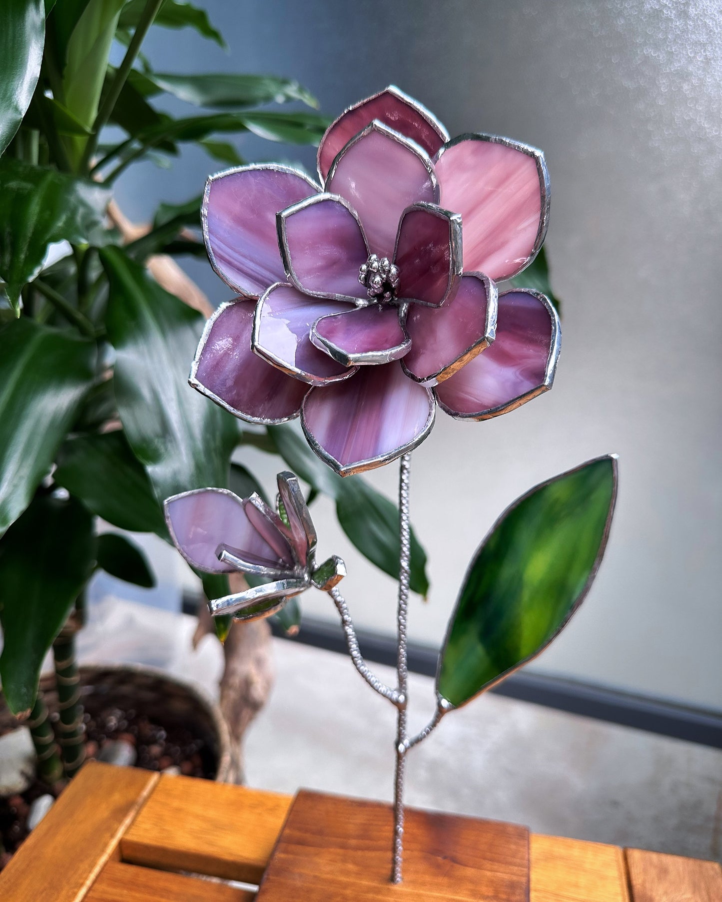". Magnolia Pink-Purple flower with a bud" Stained glass tropical 3D, Sun catcher, Table plant decor, Garden stake, wedding decor, Christmas gift, pot