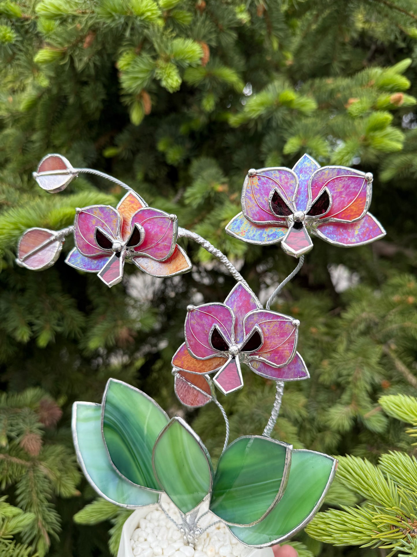 " . Berry red iridescent Orchid 3 flowers with pot” Stained glass tropical flower 3D, Sun catcher, Table plant, Garden stick, Outdoor and gardening decor available new