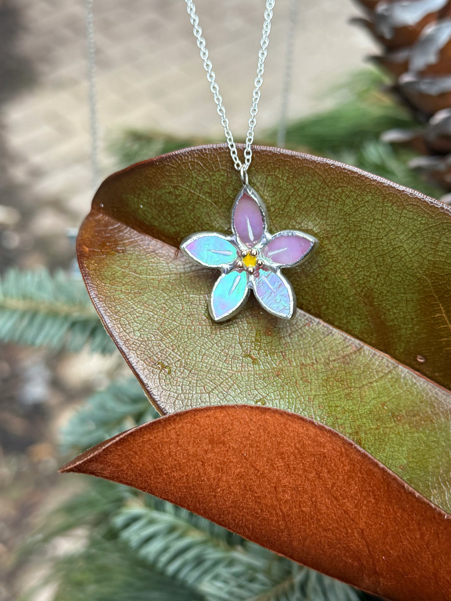 Forget Me Not Handmade Stained Glass Necklace Pink, Botanical Jewelry