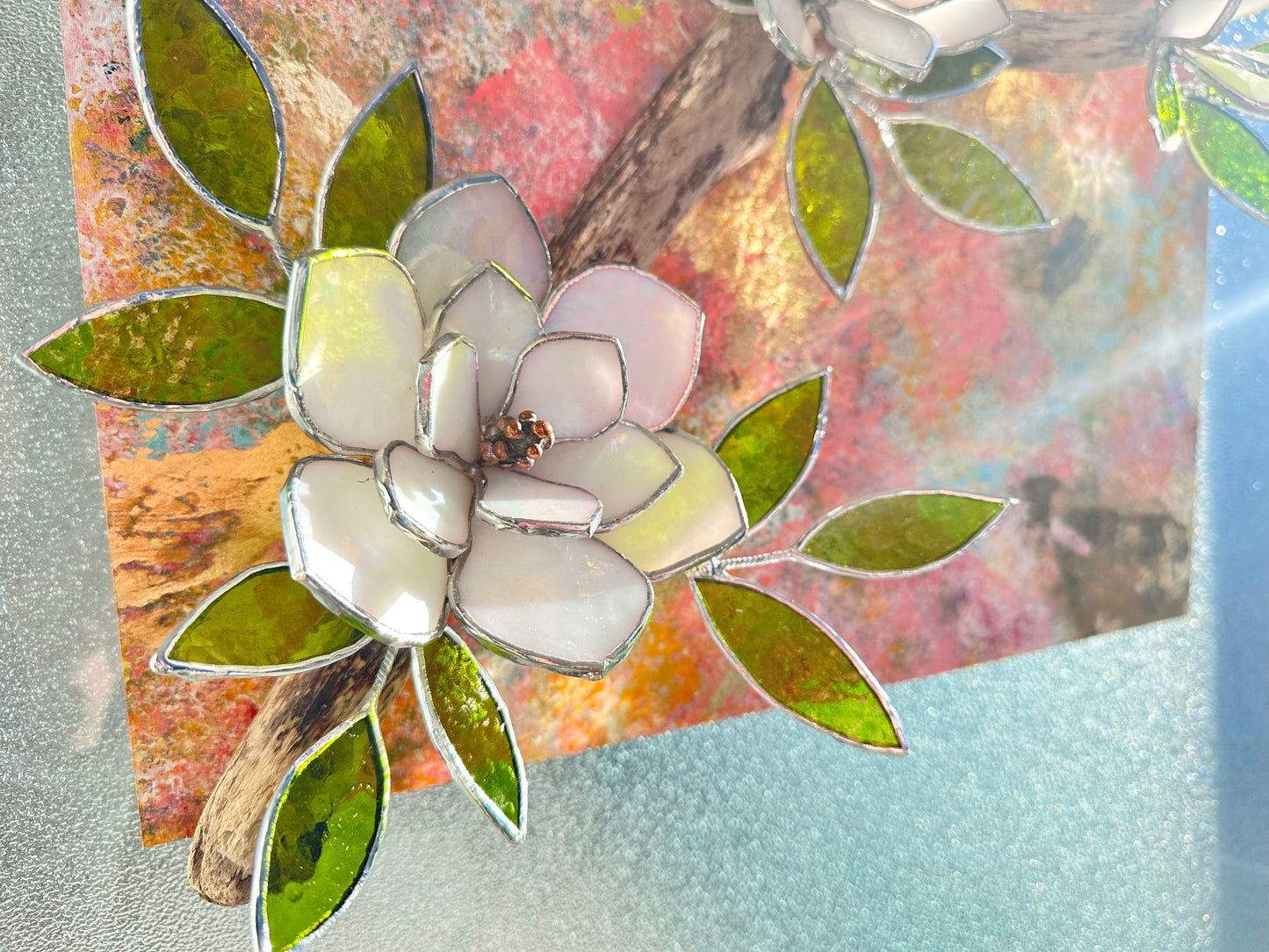 ". Acrylic painting ‘Spring Magnolia’ with stained glass 3D flowers, Wall decor, Wedding, Christmas gift
