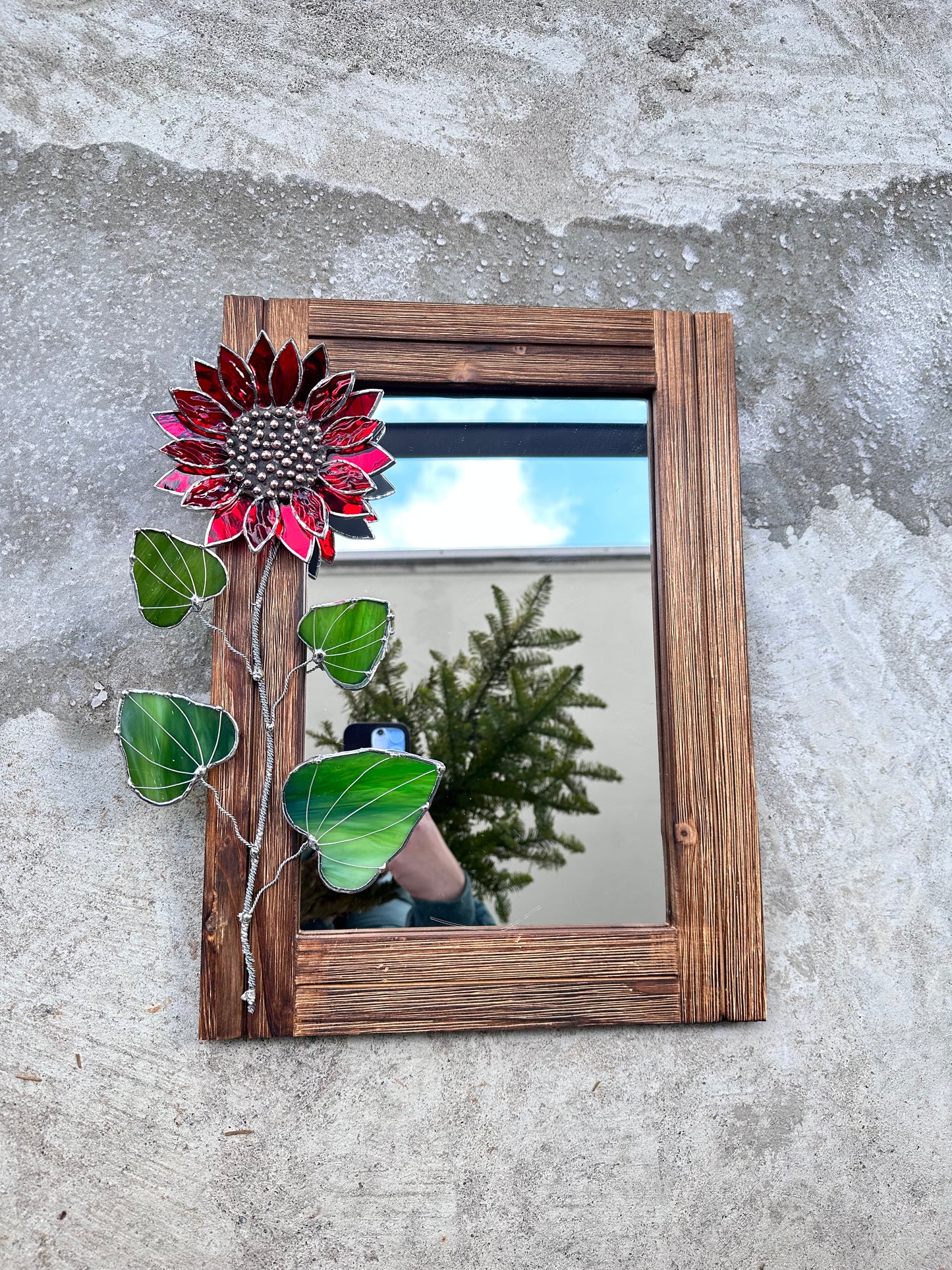 "Red Sunflower" Stained glass flower Mirror, wall decor Art, Wedding, Christmas, gift Decoration Glass flowers Succulents.