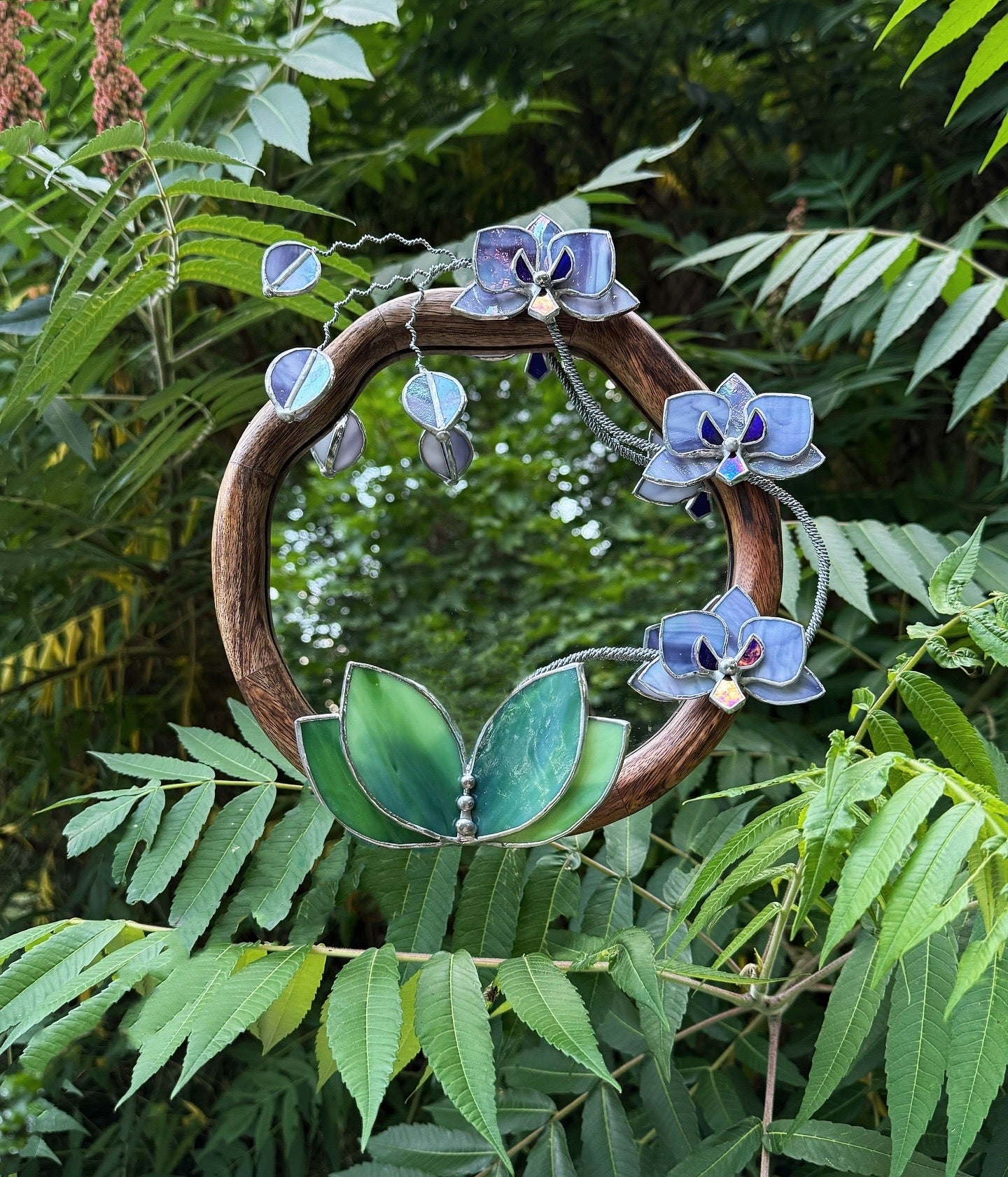 " . Amethyst & Lilac luminescent Orchid Mirror”, Stained glass flower Wall decor, Suncatcher, Home wedding Decor, Christmas gift available new