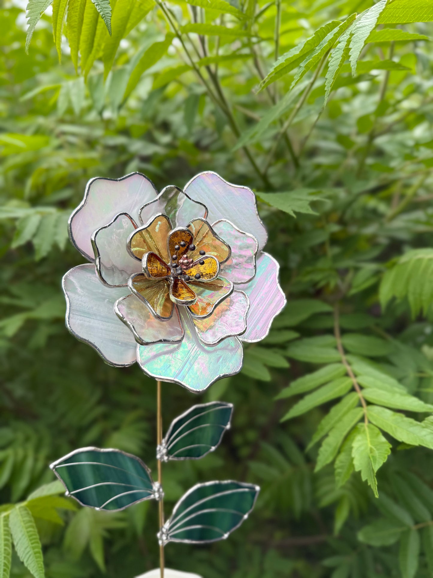 " . Beautiful Peony White & yellow iridescent Stained glass flower, tropical 3D Sun catcher, Table plant decor, wedding gift, available new