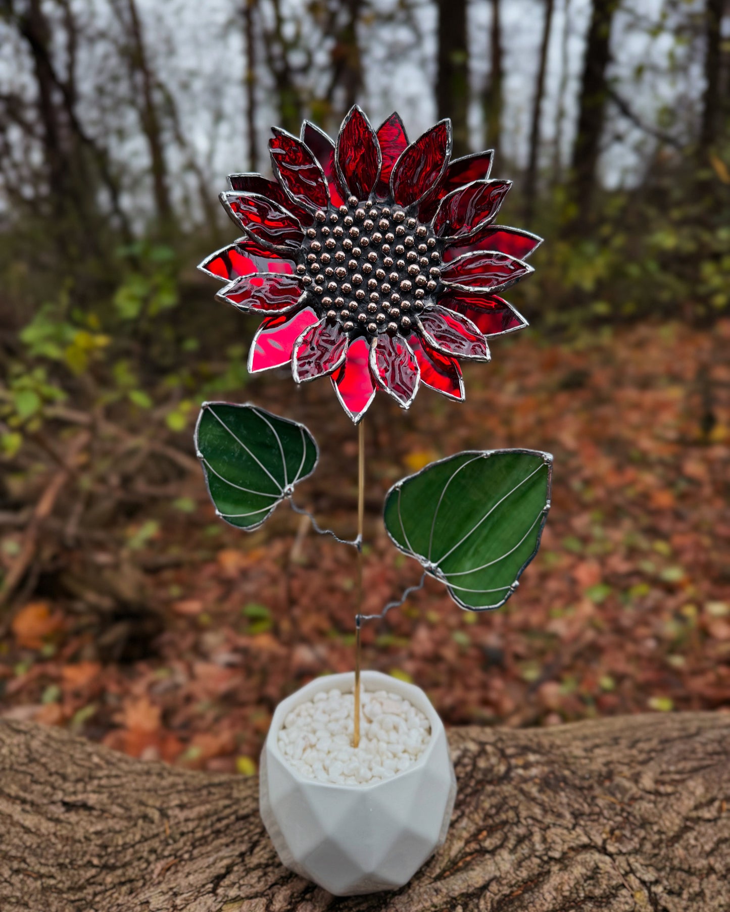 " . Ruby Red Sparcling Sunflower" Stained glass tropical flower 3D, Sun catcher, Table plant decor, Garden stake, wedding decor, Christmas gift