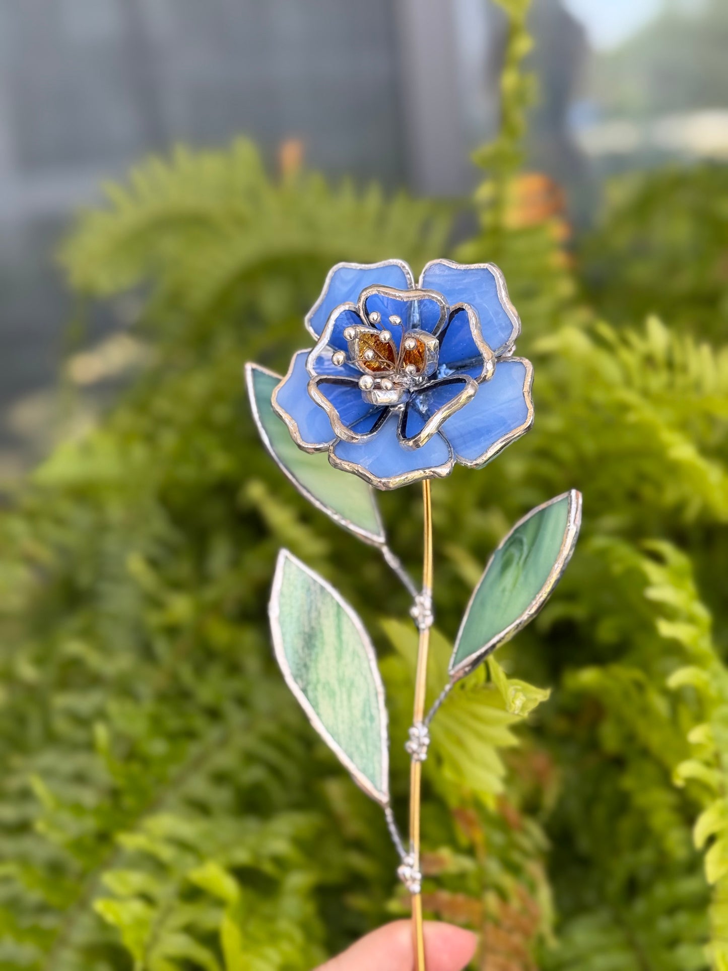 " . Blue Peony flower stick, Plant stake no pot” Stained glass tropical flower 3D, Sun catcher, Table plant, Garden stick, Outdoor and gardening decor