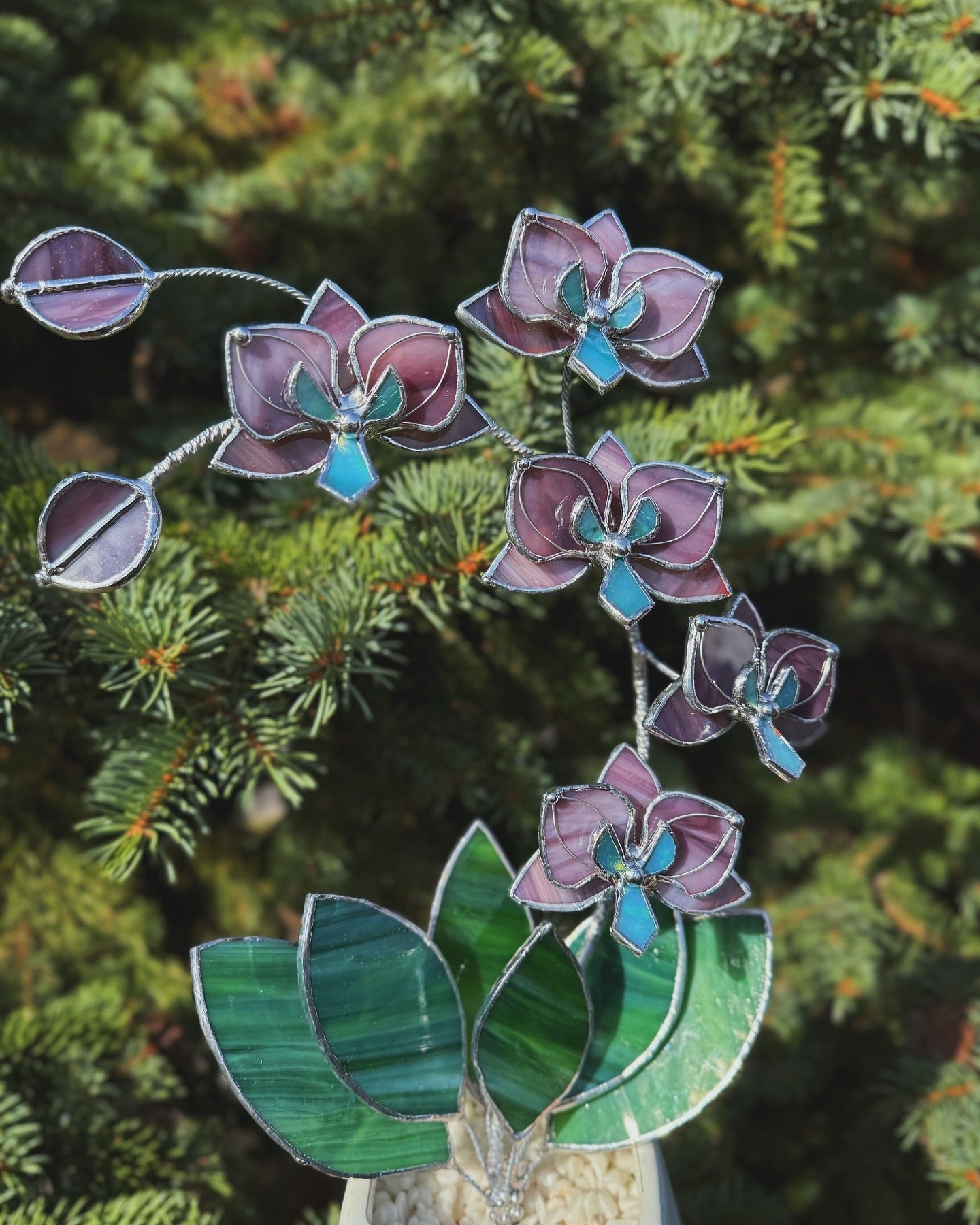 " . Dusty Rose translucent Orchid 5 flowers with pot" Stained glass tropical flower 3D, Sun catcher, Table plant, Garden stick, wedding decor, Christmas gift