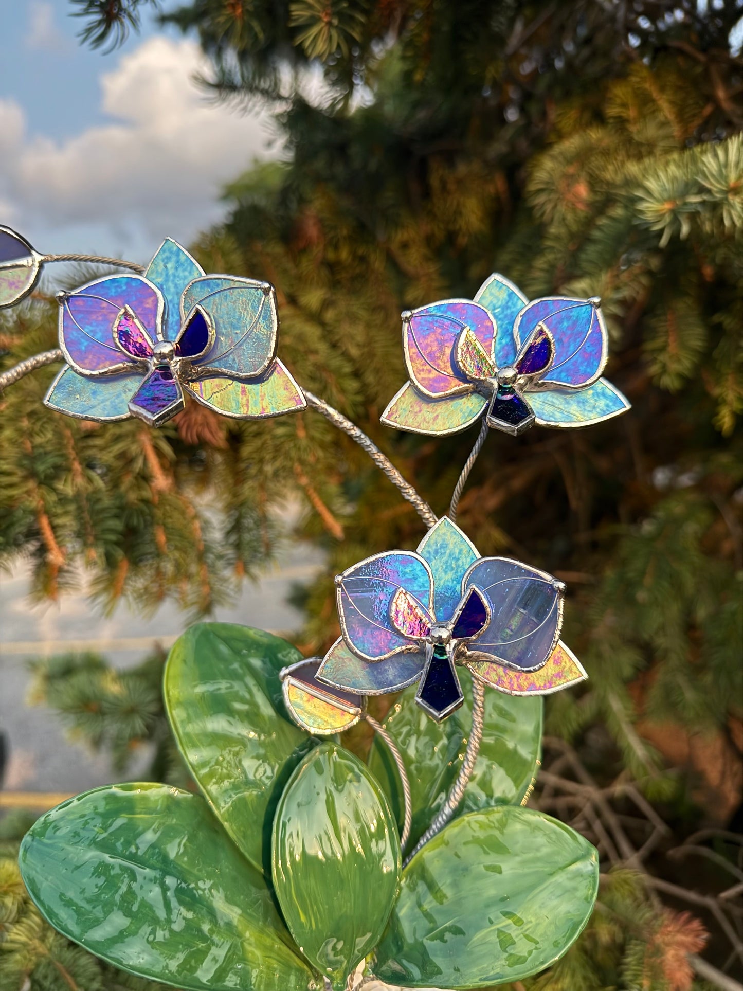 Orchid Lavender Blue Stained Glass WITH Hand Painted RESIN LEAVES, 3 Flowers, Botanical Table Decor