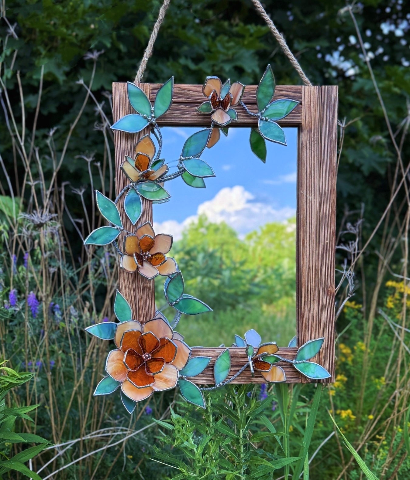 " . Amber Magnolia Flower Mirror, Stained glass Wedding Wall Decor, Christmas gift, Suncatcher