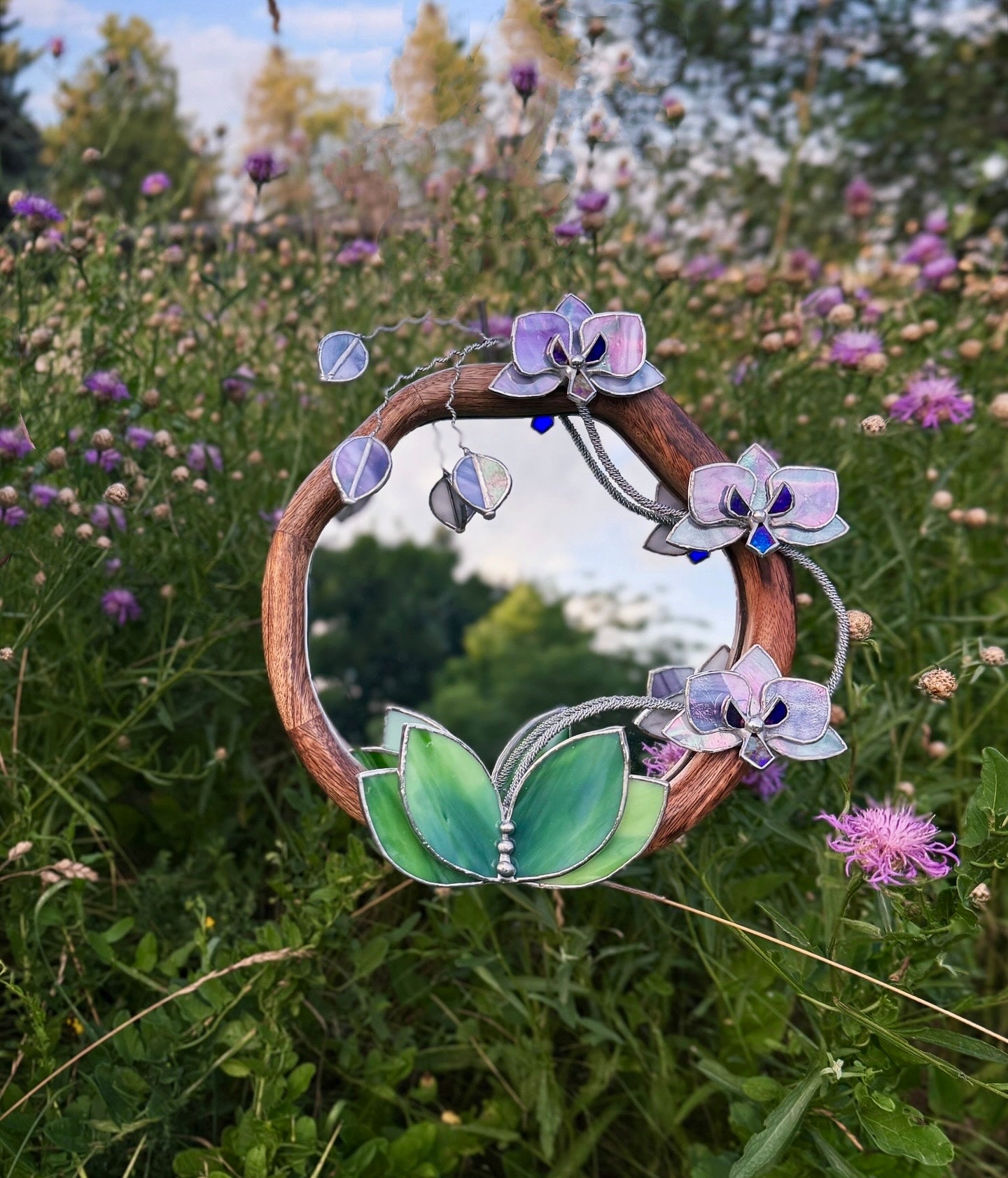 " . Amethyst & Lilac luminescent Orchid Mirror”, Stained glass flower Wall decor, Suncatcher, Home wedding Decor, Christmas gift available new