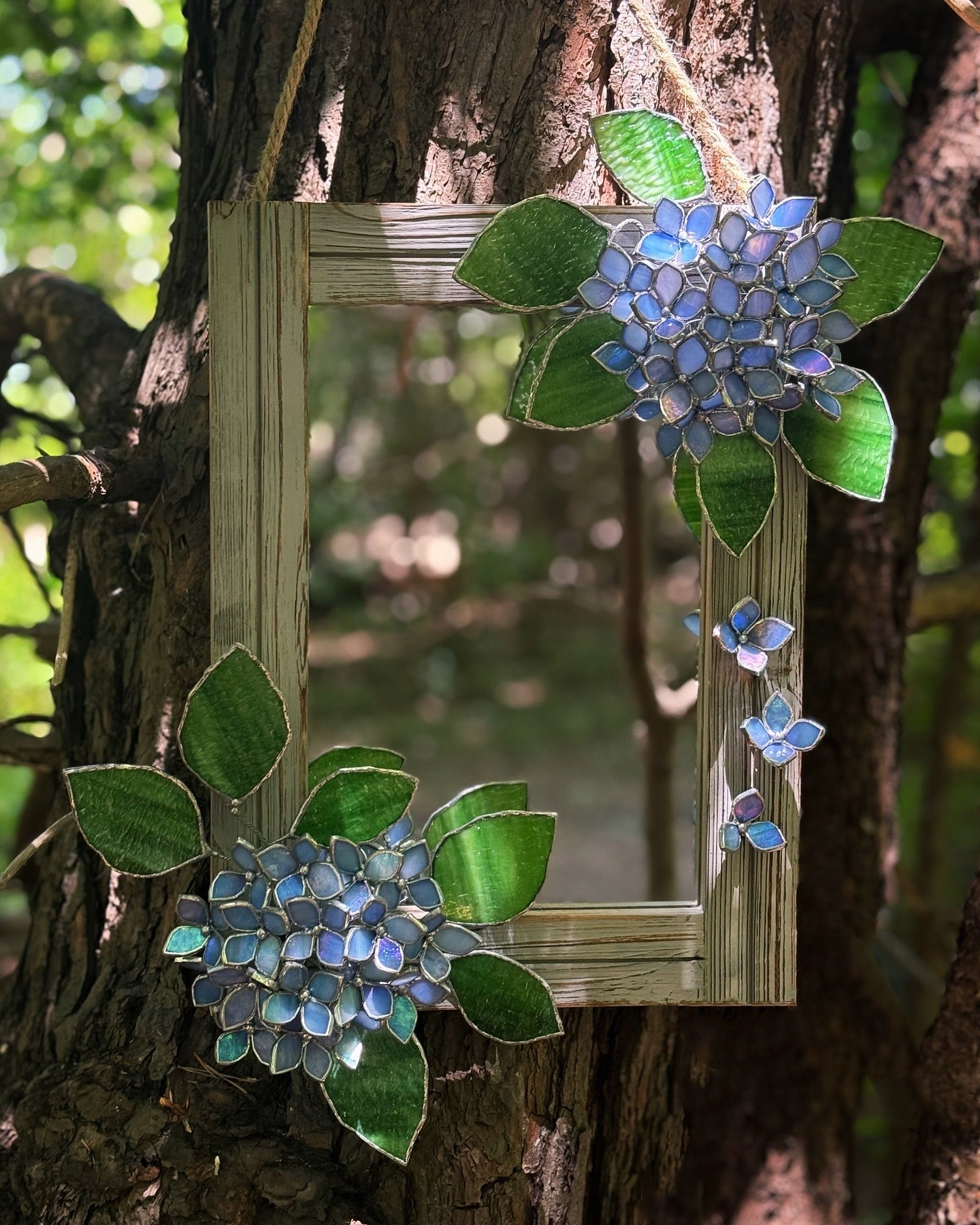 " . Amethyst Blue lavender iridescent Hydrangea Flower Mirror, Stained glass Wedding Wall Decor, Christmas gift, Suncatcher