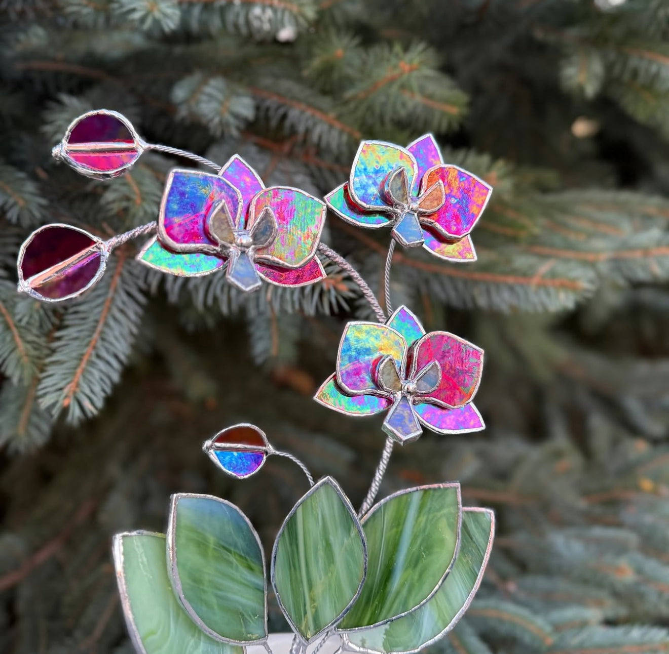 " . Red transparent iridescent Orchid 3 flowers with pot” Stained glass tropical flower 3D, Sun catcher, Table plant, Garden stick, Outdoor and gardening decor,