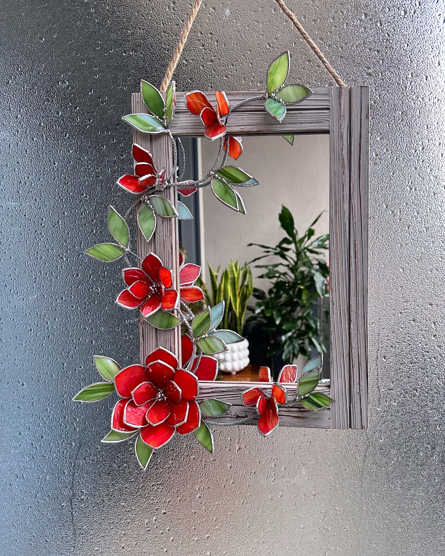 " . Flower Mirror Ruby Red Magnolia, Stained glass Wedding Wall Decor, Christmas gift, Suncatcher