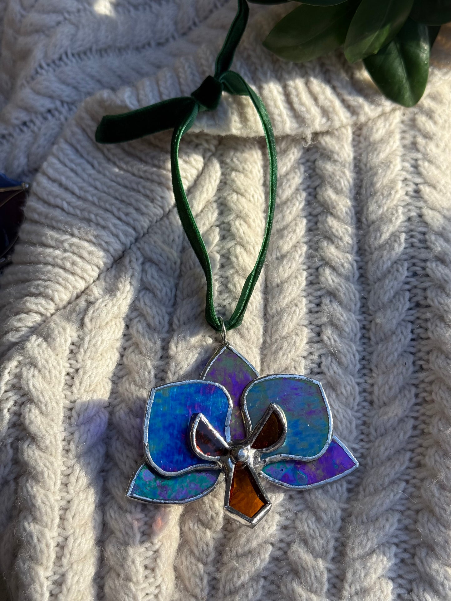 " . Orchid flower Indigo irid, Stained glass Decorative ORNAMENT, Christmas decoration, Suncatcher
