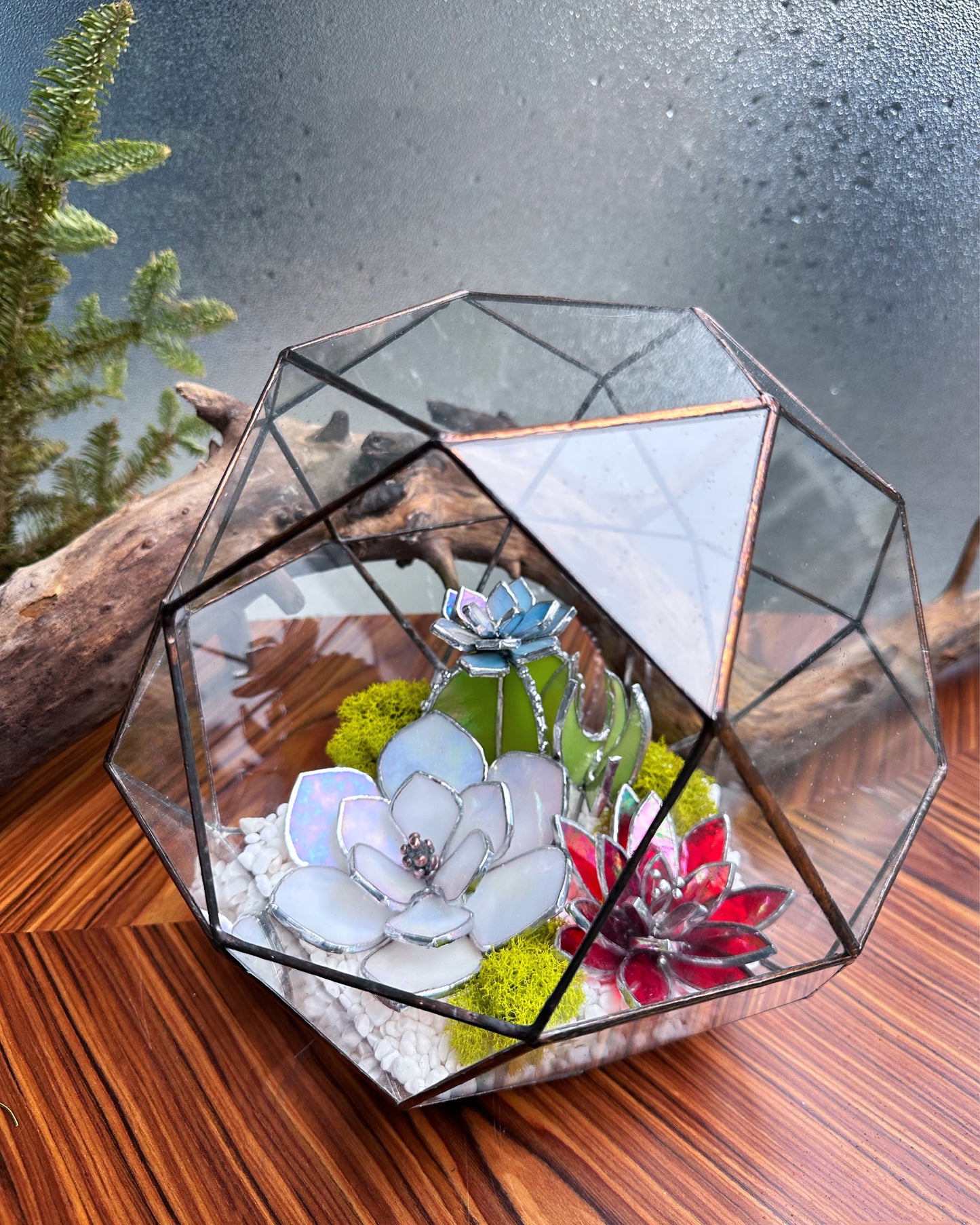 Geometric glass 3D terrarium with stained glass plants , Wedding glass decor, Mother’s Day gift, glass art, sun catcher, succulents