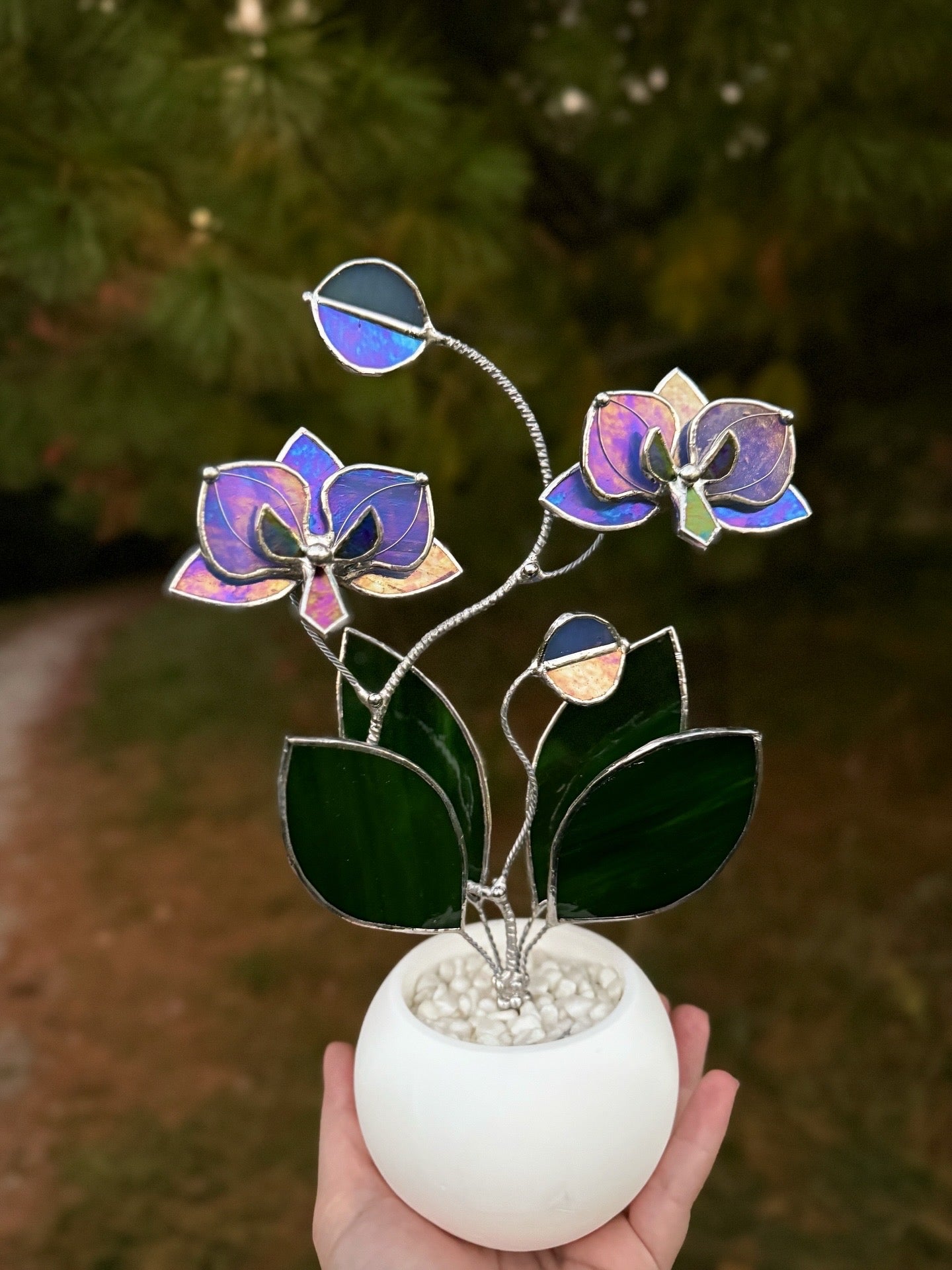 " .  Blue Lavender Orchid, 2 flowers with pot” Stained glass tropical flower 3D, Suncatcher, Table plant decor