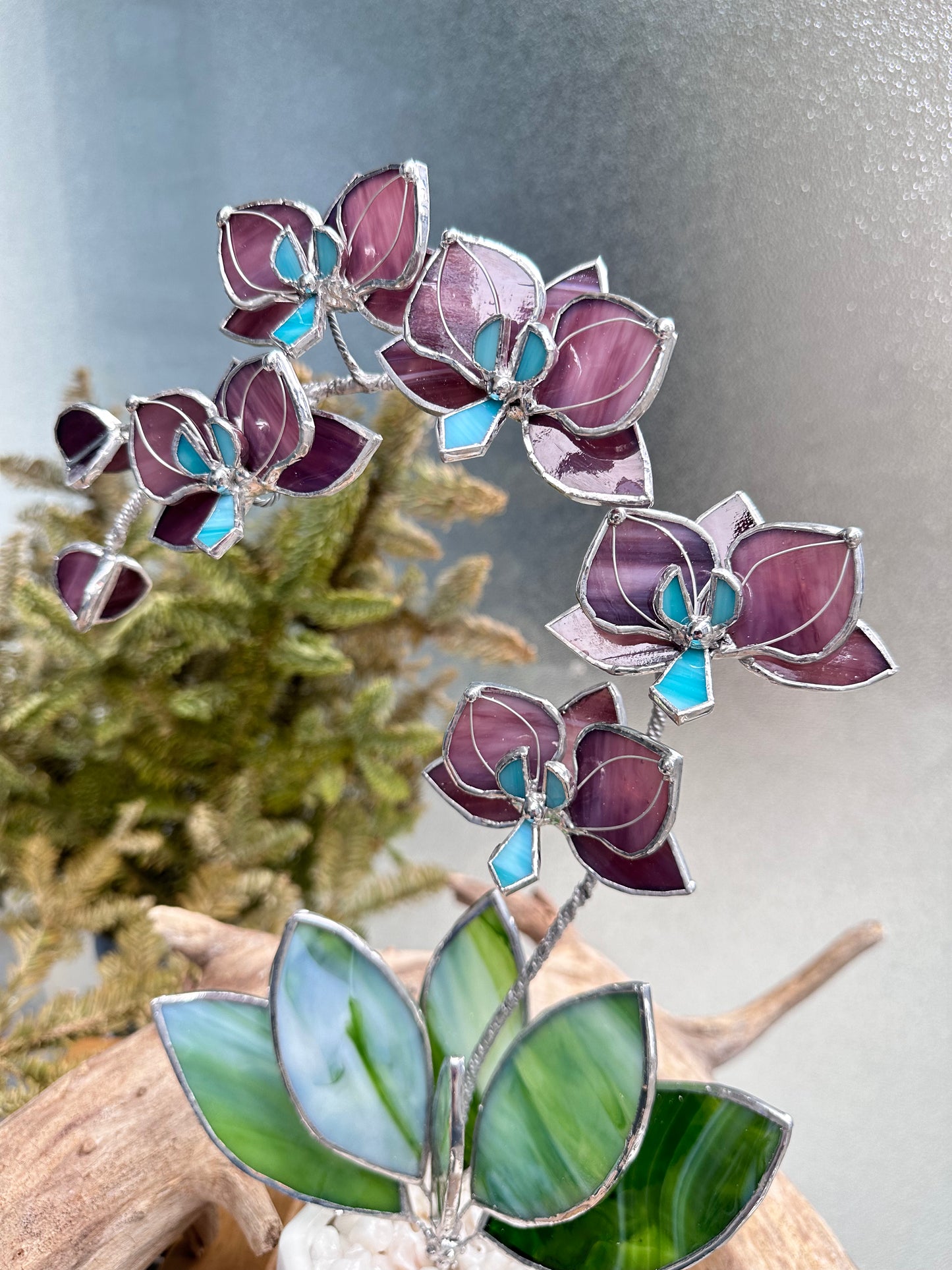 ". Stained glass Orchid Reach Elderberry with pot, 5 flowers, Suncatcher 3D, plant, Wedding Christmas Gift Outdoor and gardening decor