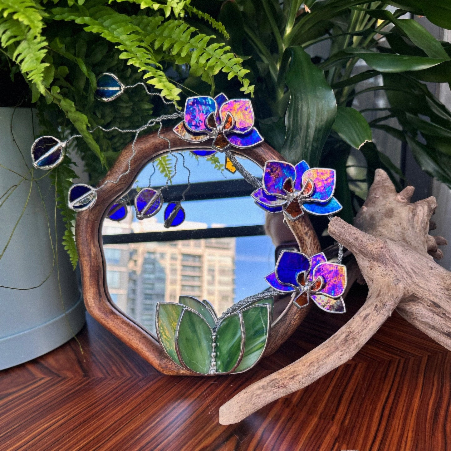 " . Amethyst gold luminescent Orchid Mirror”, Stained glass flower Wall decor, Suncatcher, Home wedding Decor, Christmas gift
