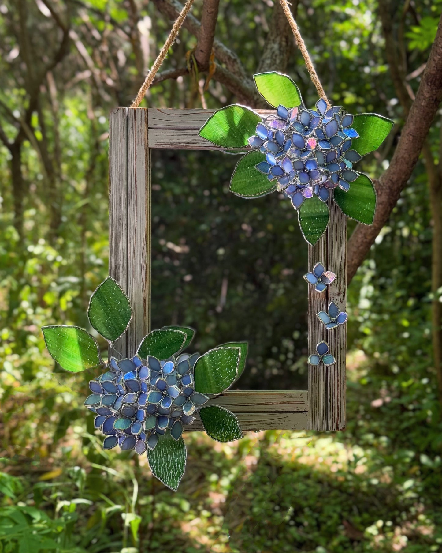 " . Amethyst Blue lavender iridescent Hydrangea Flower Mirror, Stained glass Wedding Wall Decor, Christmas gift, Suncatcher