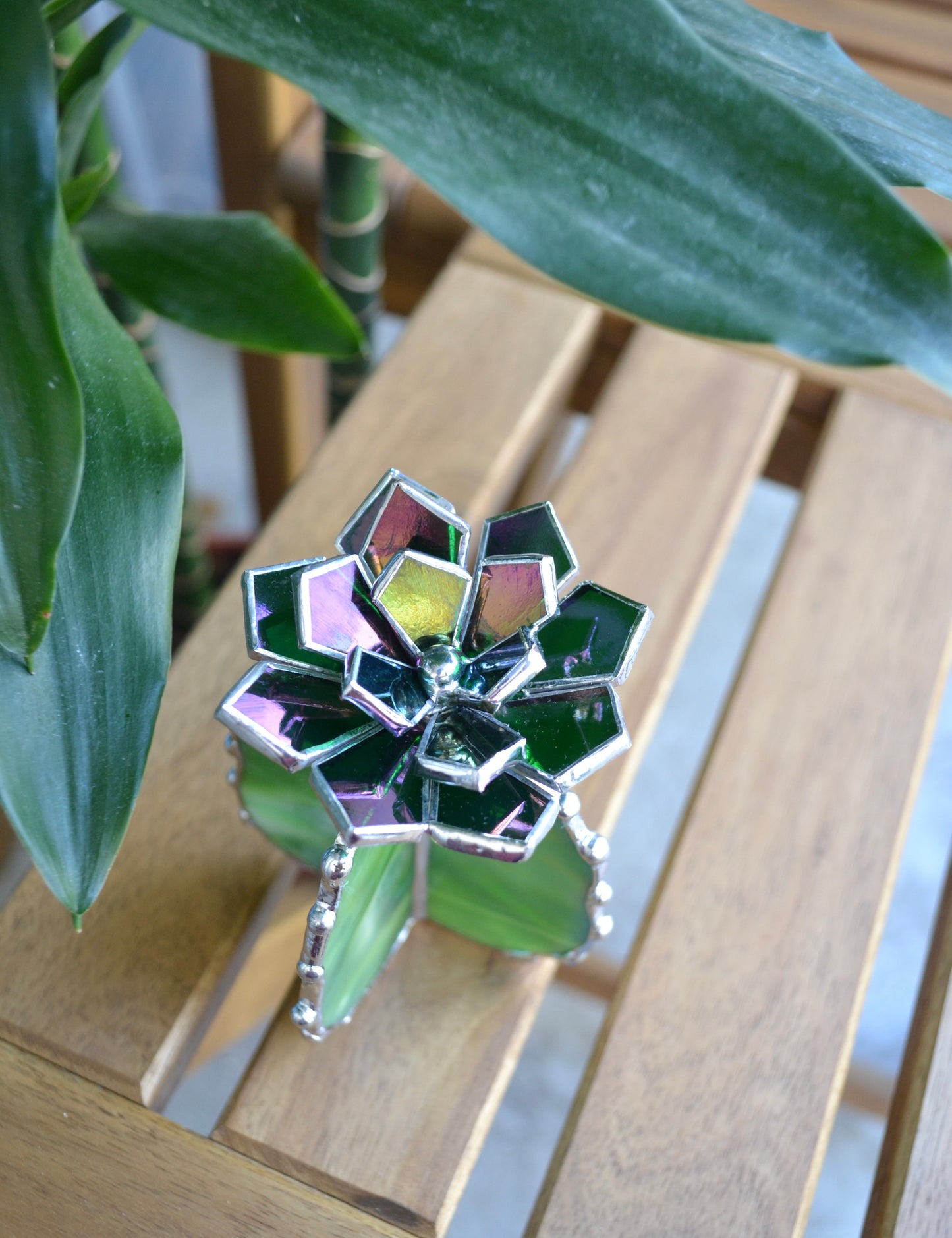 "Cactus blooming XL iridescent" Stained glass Succulent 3D design, house plant for flower pot, Sun catcher, glass art, wedding