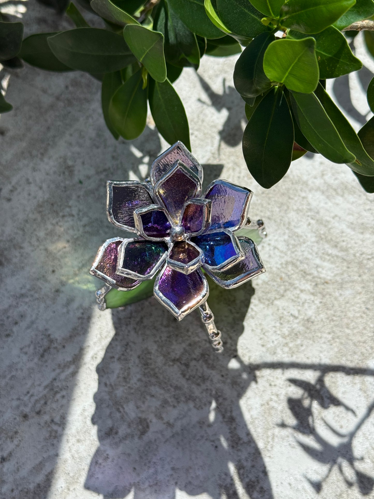 "Cactus Purple transparent irid & green irid" Stained glass Succulent 3D design, house plant for flower pot, Sun catcher