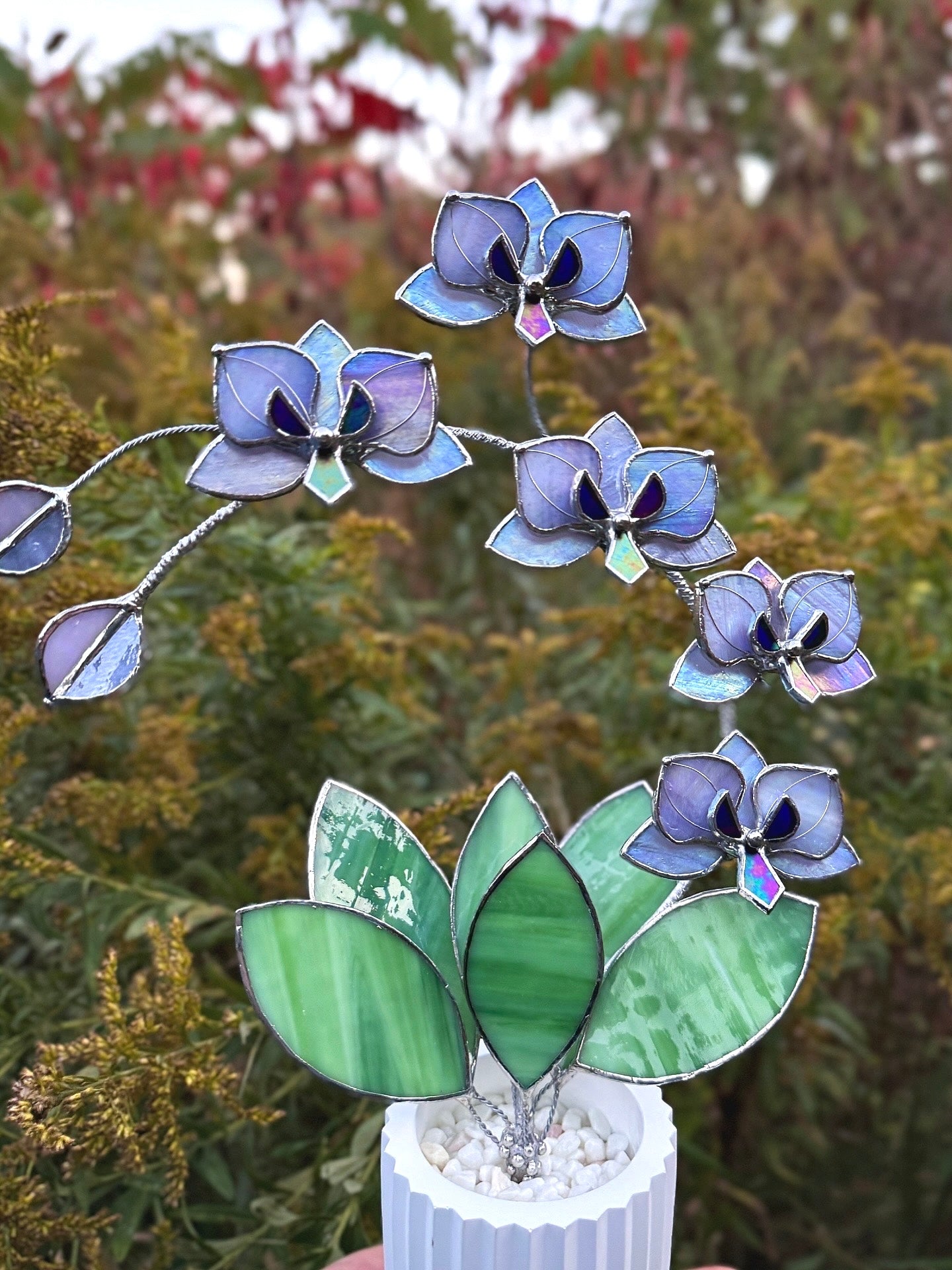 " .  Lavender iridescent Orchid 5 flowers with pot" Stained glass tropical flower 3D, Sun catcher, Table plant