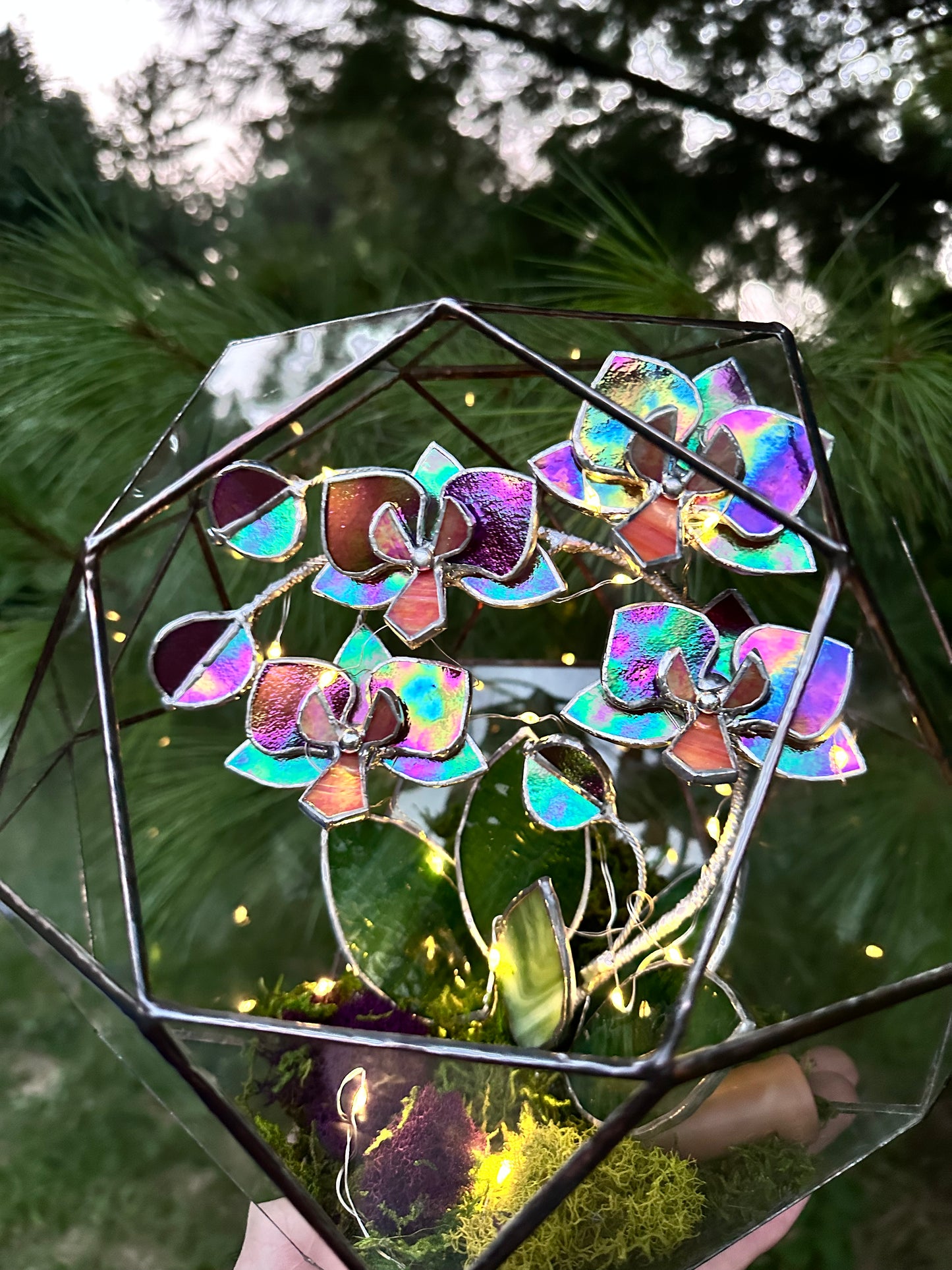 " . Geometric glass 3D terrarium Sphere with stained glass iridescent orchid. Wedding glass decor, Mother’s Day gift, glass art, suncatcher, succulents, cacti