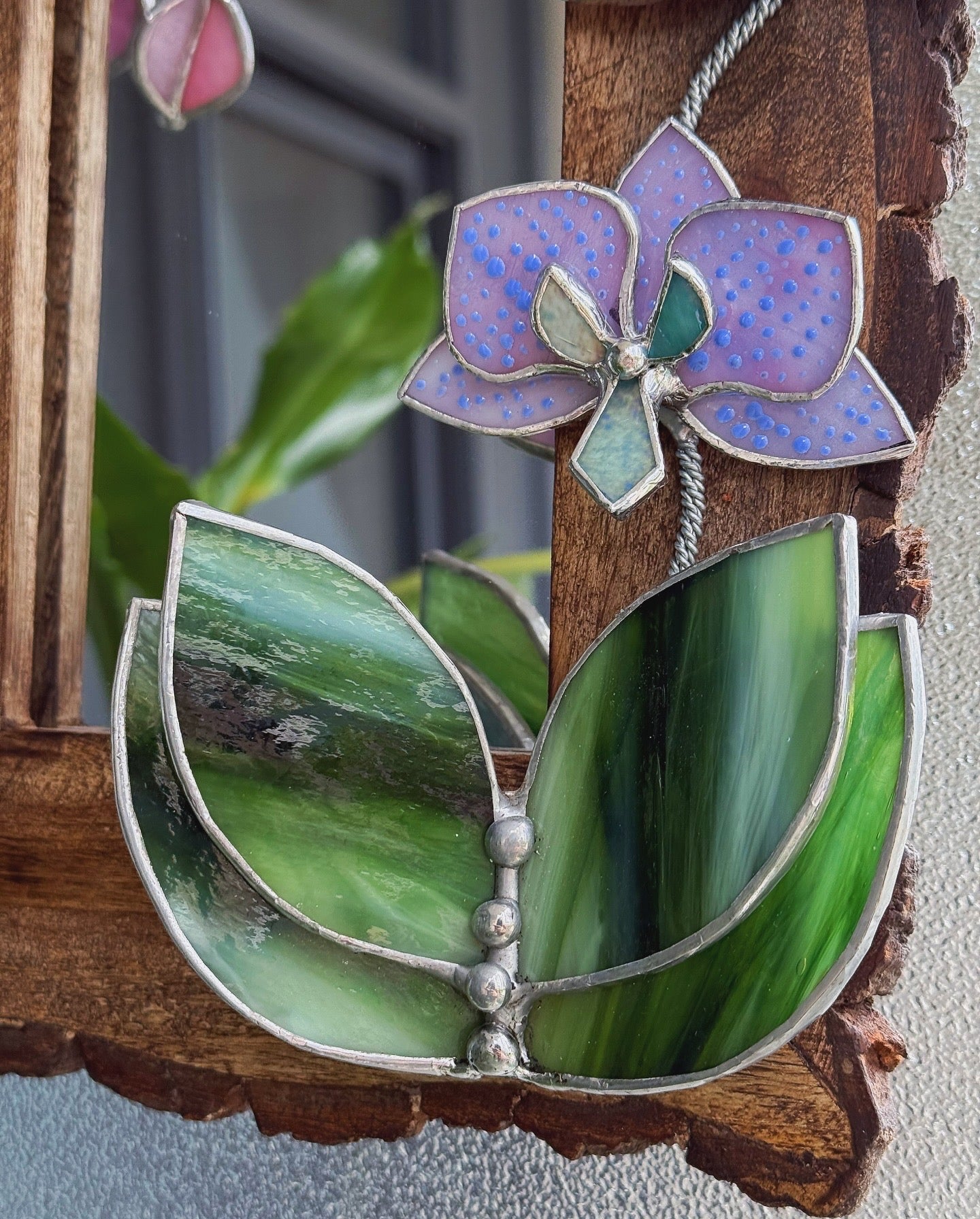 " . Dusty Pink with pattern Orchid Mirror”, Stained glass flower Wall window table decor, Suncatcher, Home wedding Decor, Christmas gift, available new