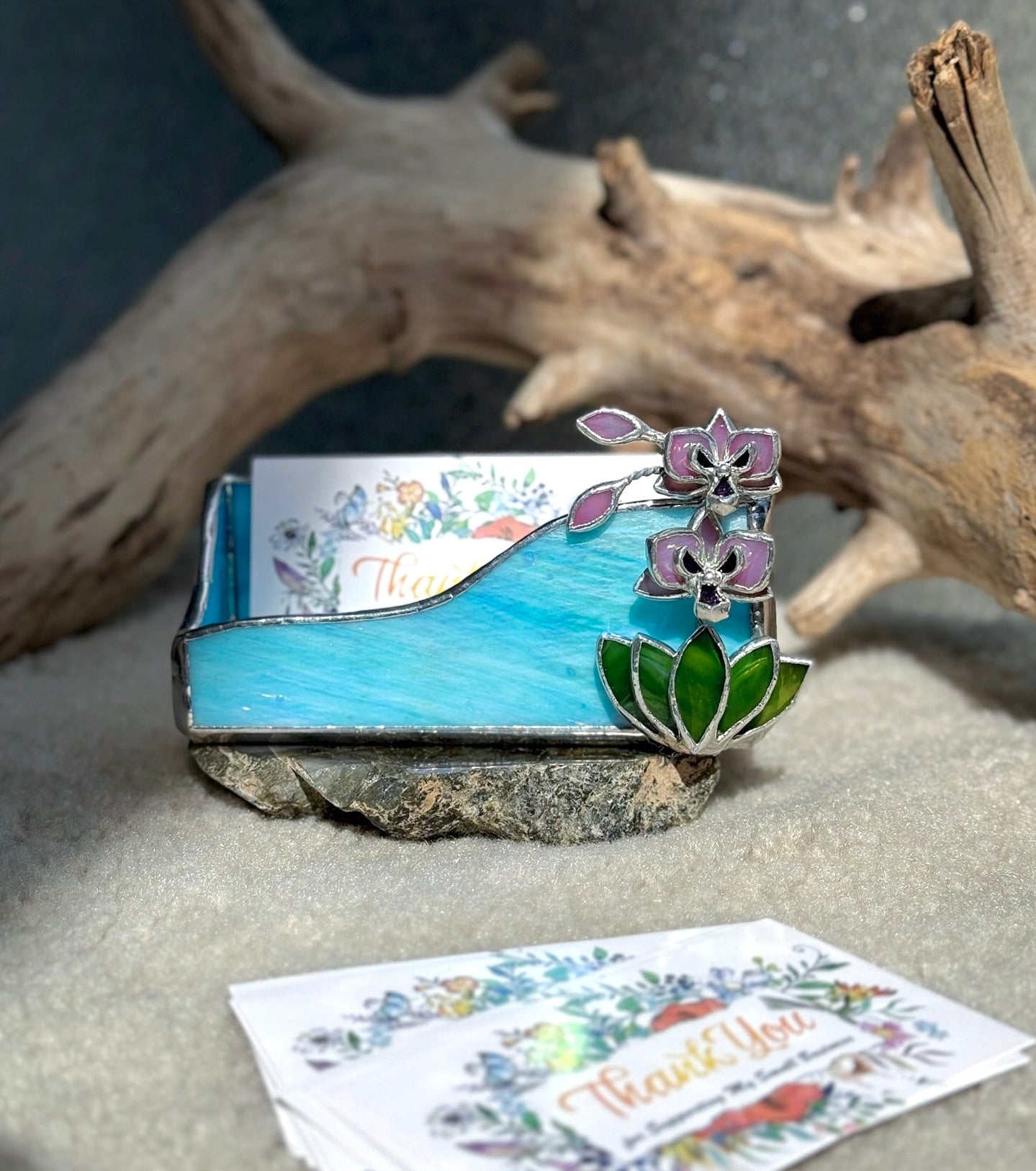 " . CHOOSE COLOR Business Card Holder with orchid”, stained glass art, floral decor, wedding decorations, interior, Mother’s Day gift