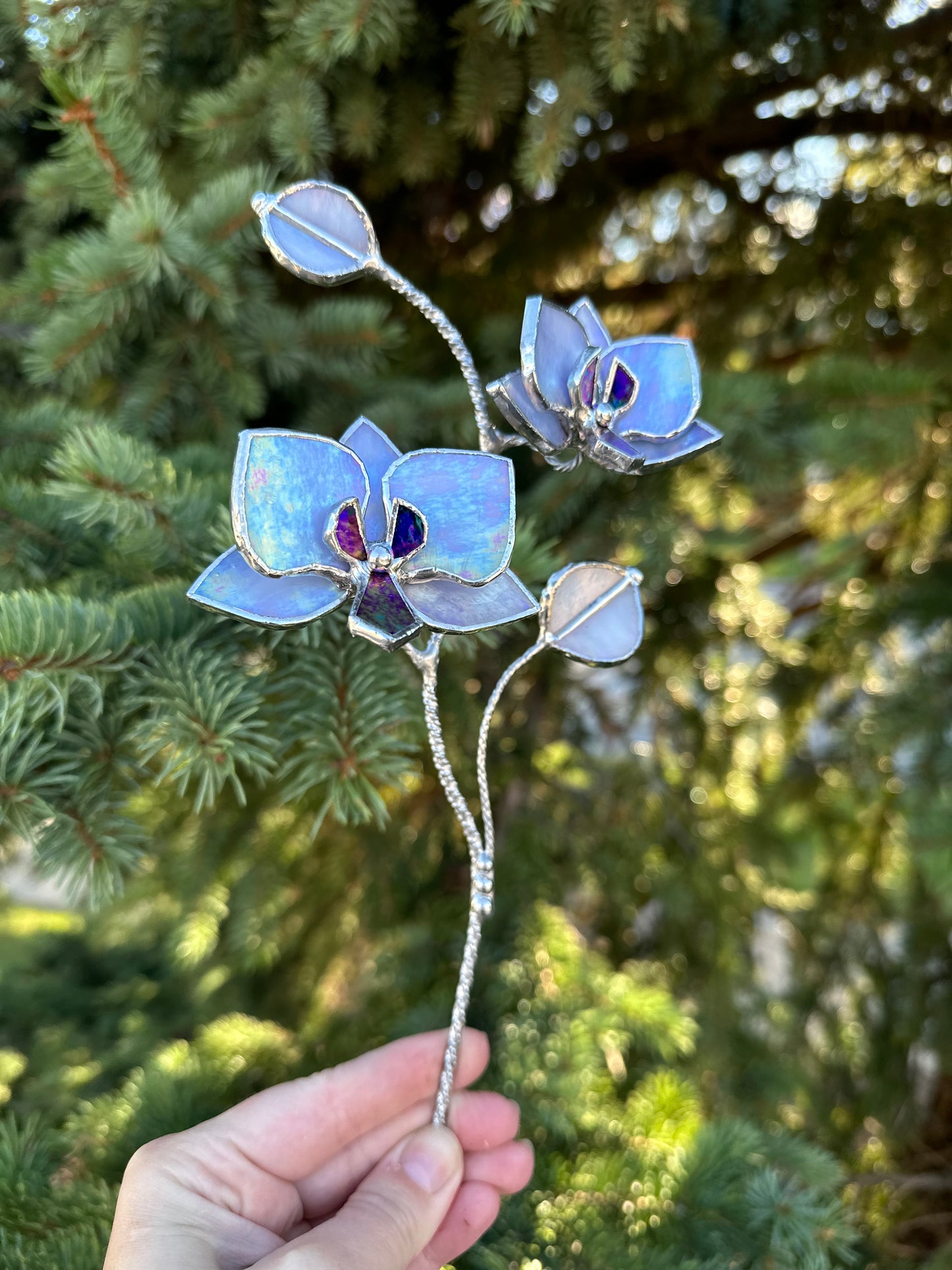 " . Lavender iridescent Orchid flower stick, Plant stake 2 flowers no pot” Stained glass tropical flower 3D, Sun catcher, Table plant, Garden stick, Outdoor and gardening decor