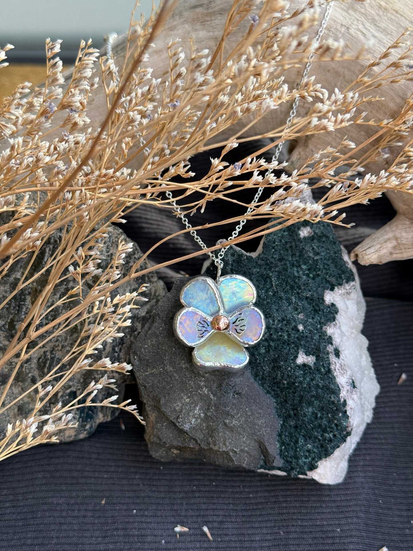 " . Pansy Lavender irid & Yellow irid Necklace” Stained glass tropical flower 3D, art jewelry