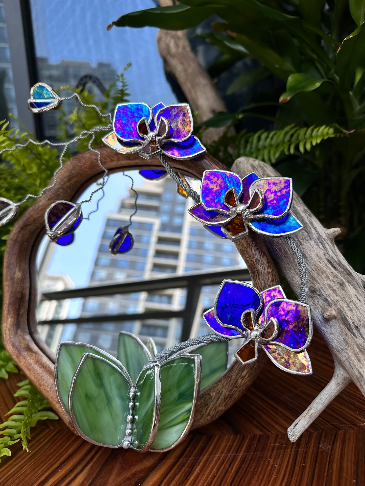 " . Amethyst gold luminescent Orchid Mirror”, Stained glass flower Wall decor, Suncatcher, Home wedding Decor, Christmas gift