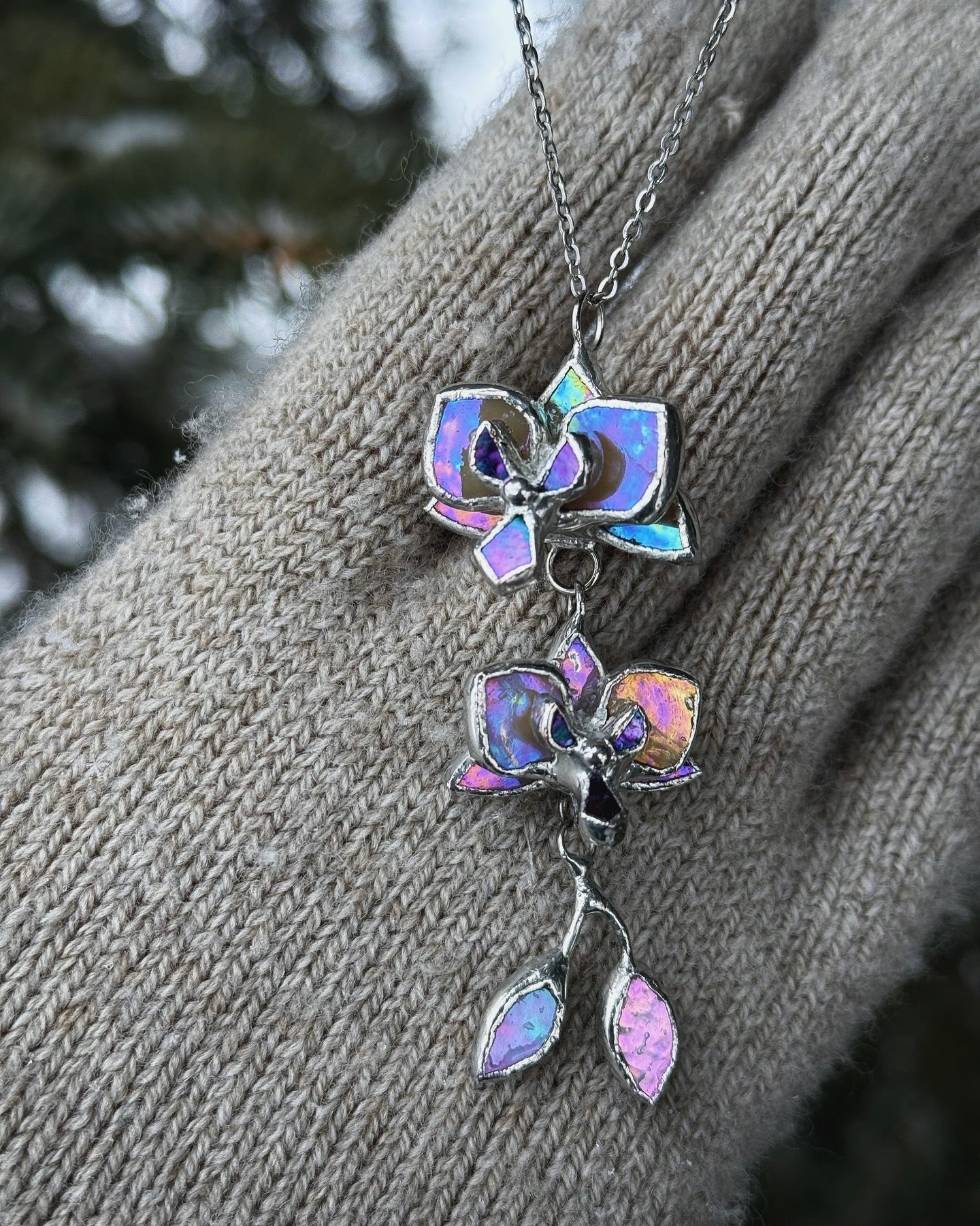 " . CHOOSE COLOR “EARRINGS 2 orchid flowers with buds” Stained glass tropical flower 3D, art jewelry